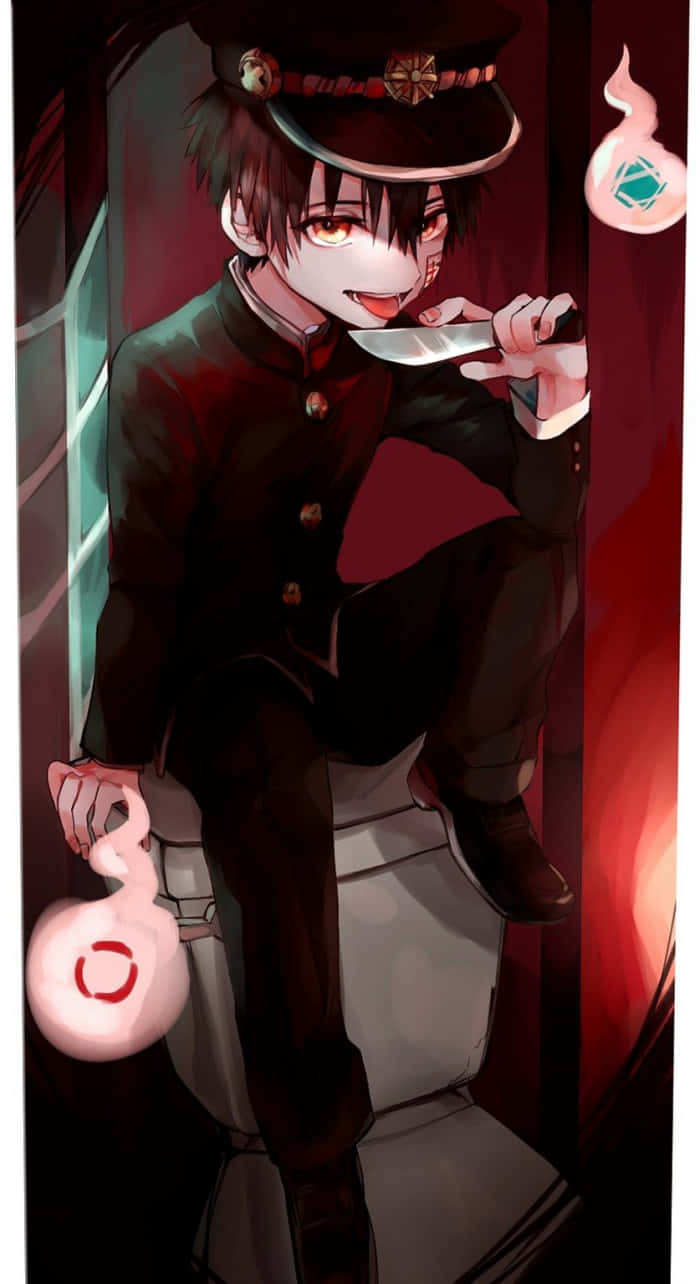 花子君 桌布 壁紙 — 一個黑髮動漫男孩穿著校服，在紅色燈光的走廊裡拿著一把刀和發光的粉紅色靈魂。