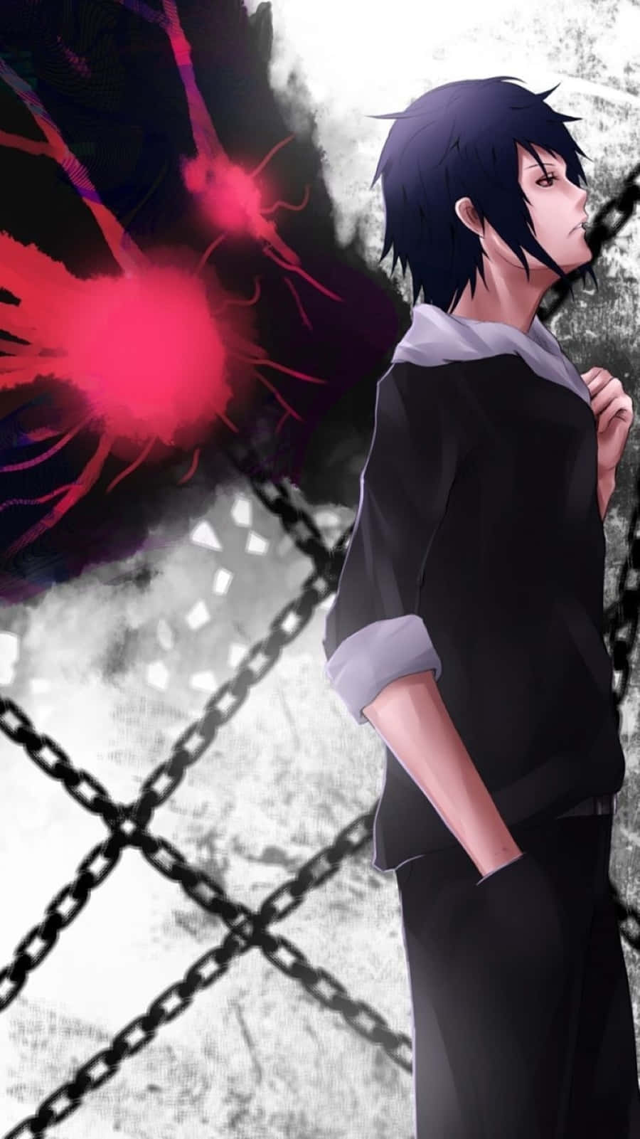 Ayato Kirishima 桌布 壁紙 — 一個黑髮動漫男孩穿著黑色服裝站在鎖鏈後面，身後爆發著發光的紅色能量爆炸。