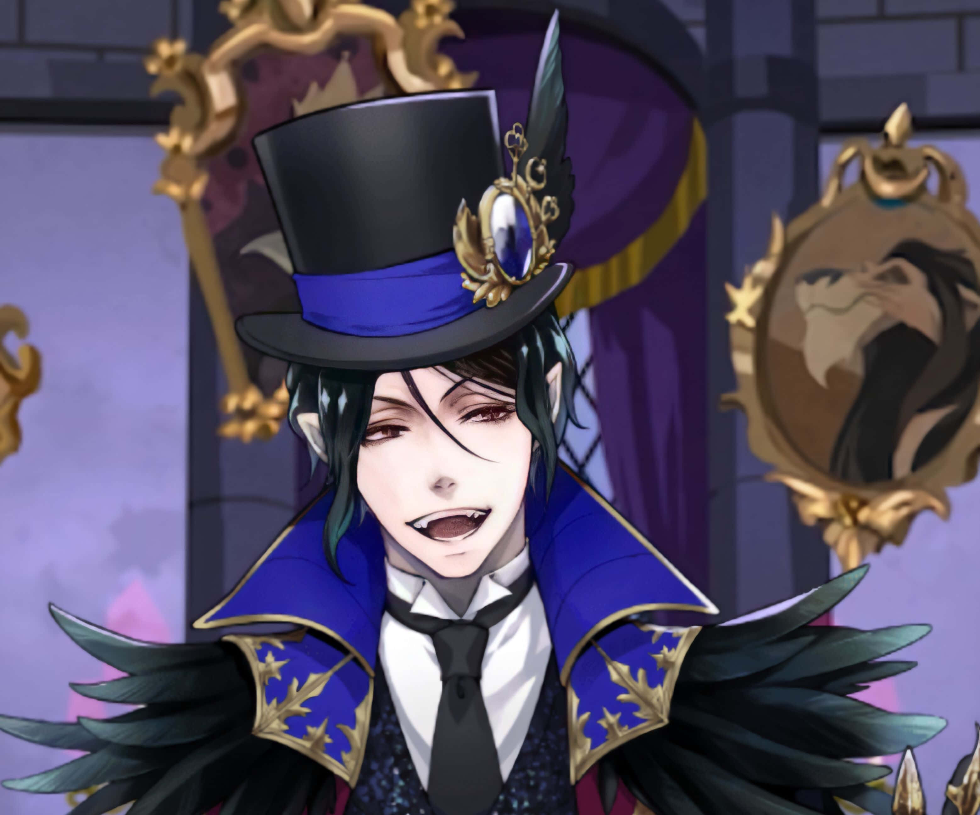 sebastian michaelis 桌布 壁紙 — 一個黑髮動漫角色，戴著藍色高頂帽，穿著華麗外套，在紫色哥德式背景下露出尖牙微笑。