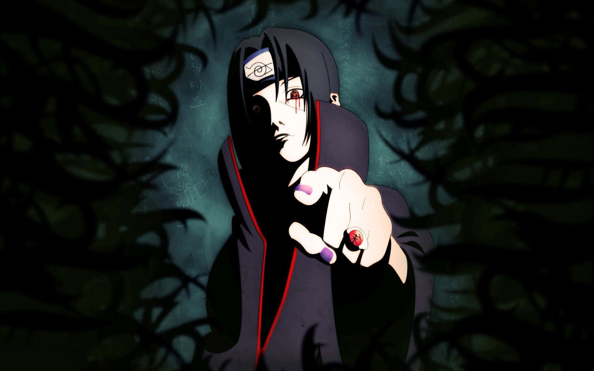 Genjutsu 桌布 壁紙 — 一個黑髮動漫角色，身穿帶有紅色邊飾的黑色斗篷，在陰暗的綠色背景前，用戴著紅色戒指的手指向前指。