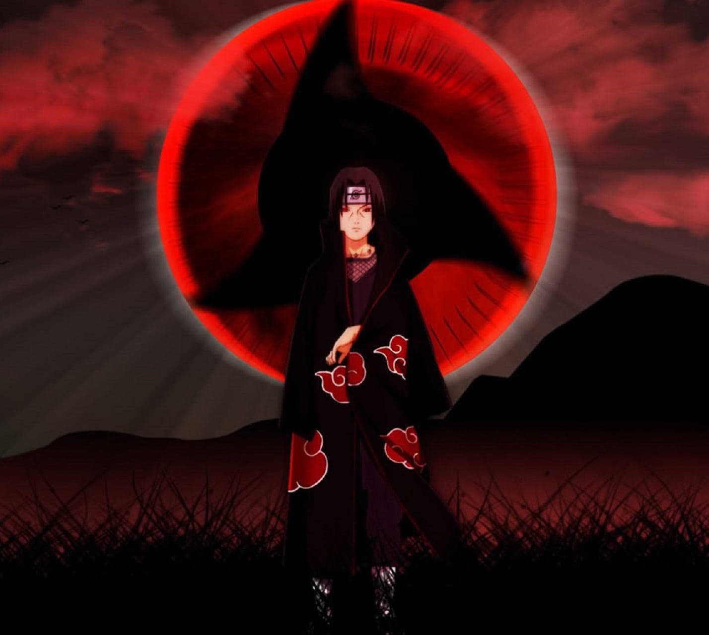Mangekyou Sharingan 桌布 壁紙 — 一個黑髮動漫角色，身穿帶有紅色雲紋的黑色斗篷，站在巨大的紅色寫輪眼前，背景是血紅色的天空。
