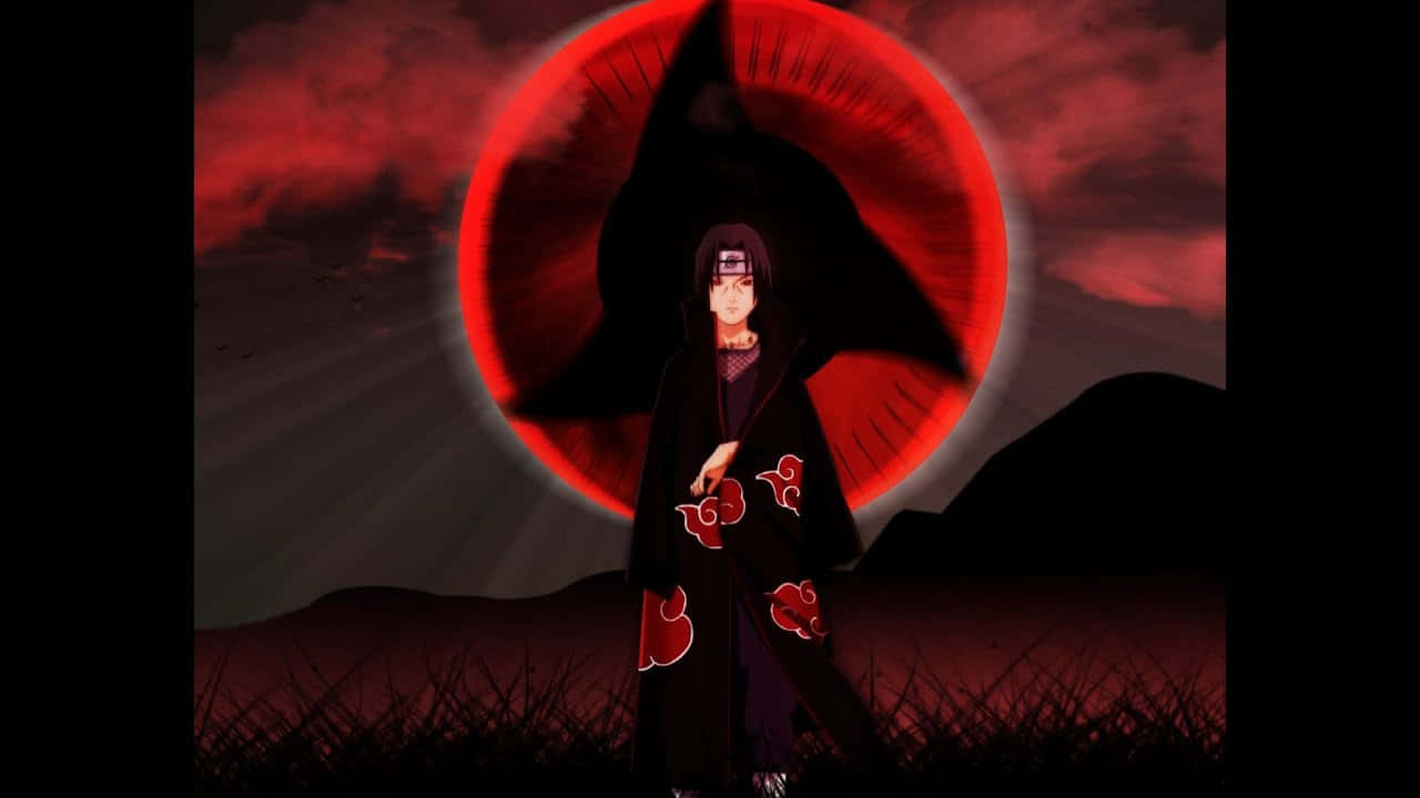 Genjutsu 桌布 壁紙 — 一個黑髮動漫角色，身穿帶有紅色雲紋的黑色斗篷，站在血紅色天空下一個巨大的紅色眼睛符號前。