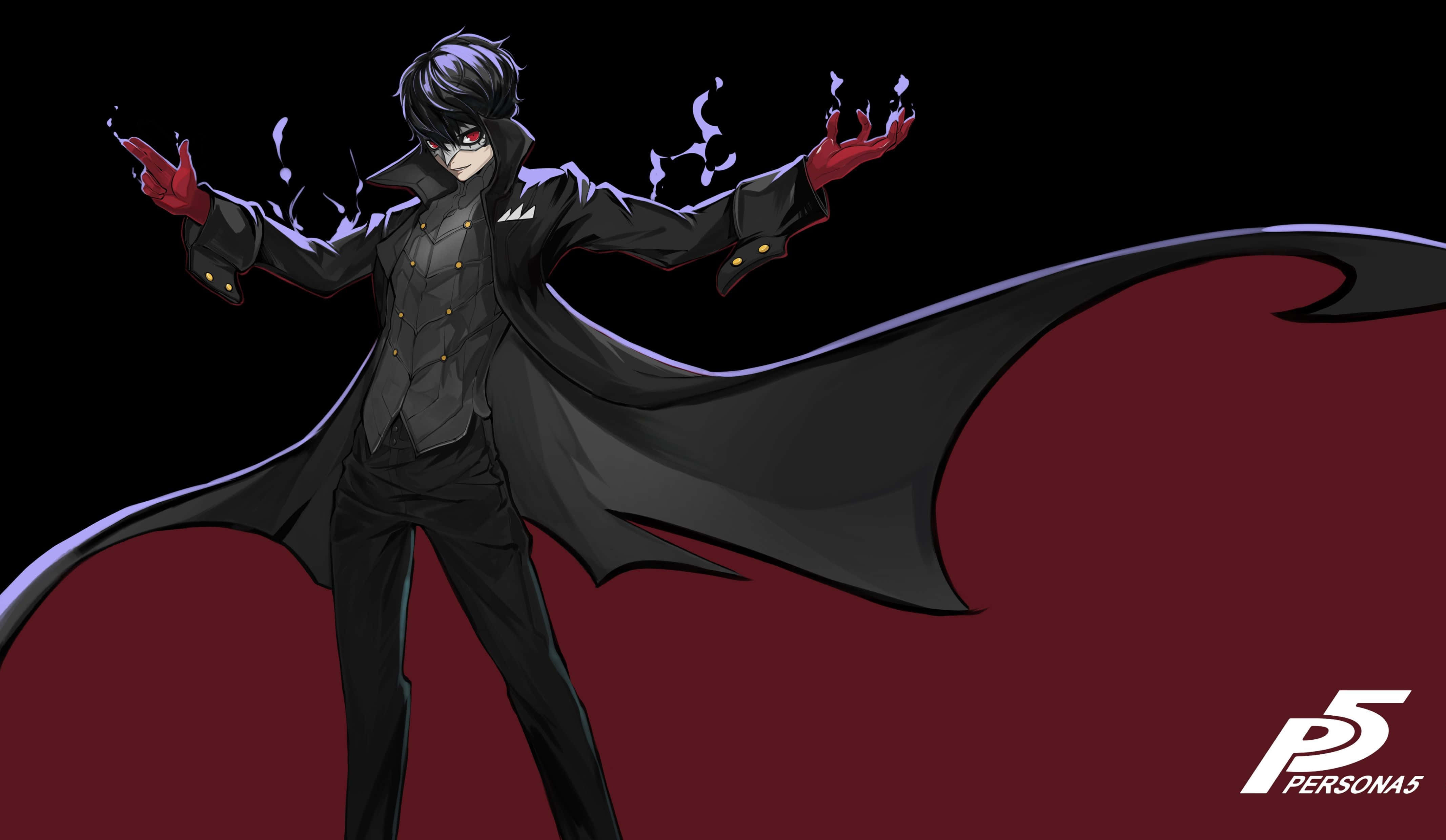 persona 桌布 壁紙 — 一個黑髮動漫角色，身穿黑色外套、紅色手套，眼睛發光，站在帶有紫色能量火花的黑色和紅色背景前。