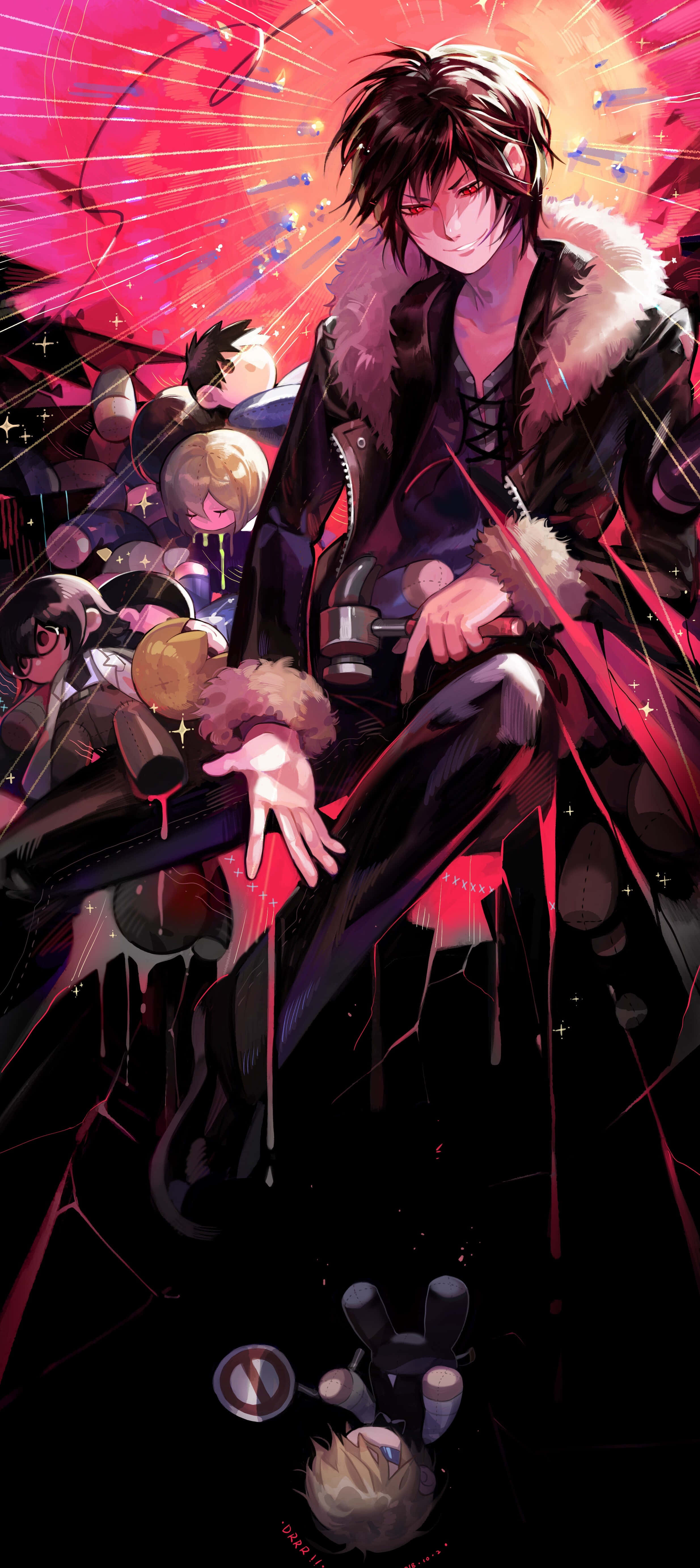 Shinra Kishitani 桌布 壁紙 — 一個黑髮動漫角色穿著毛皮襯裡大衣，自信地坐在充滿發光粒子的鮮紅色宇宙背景前。