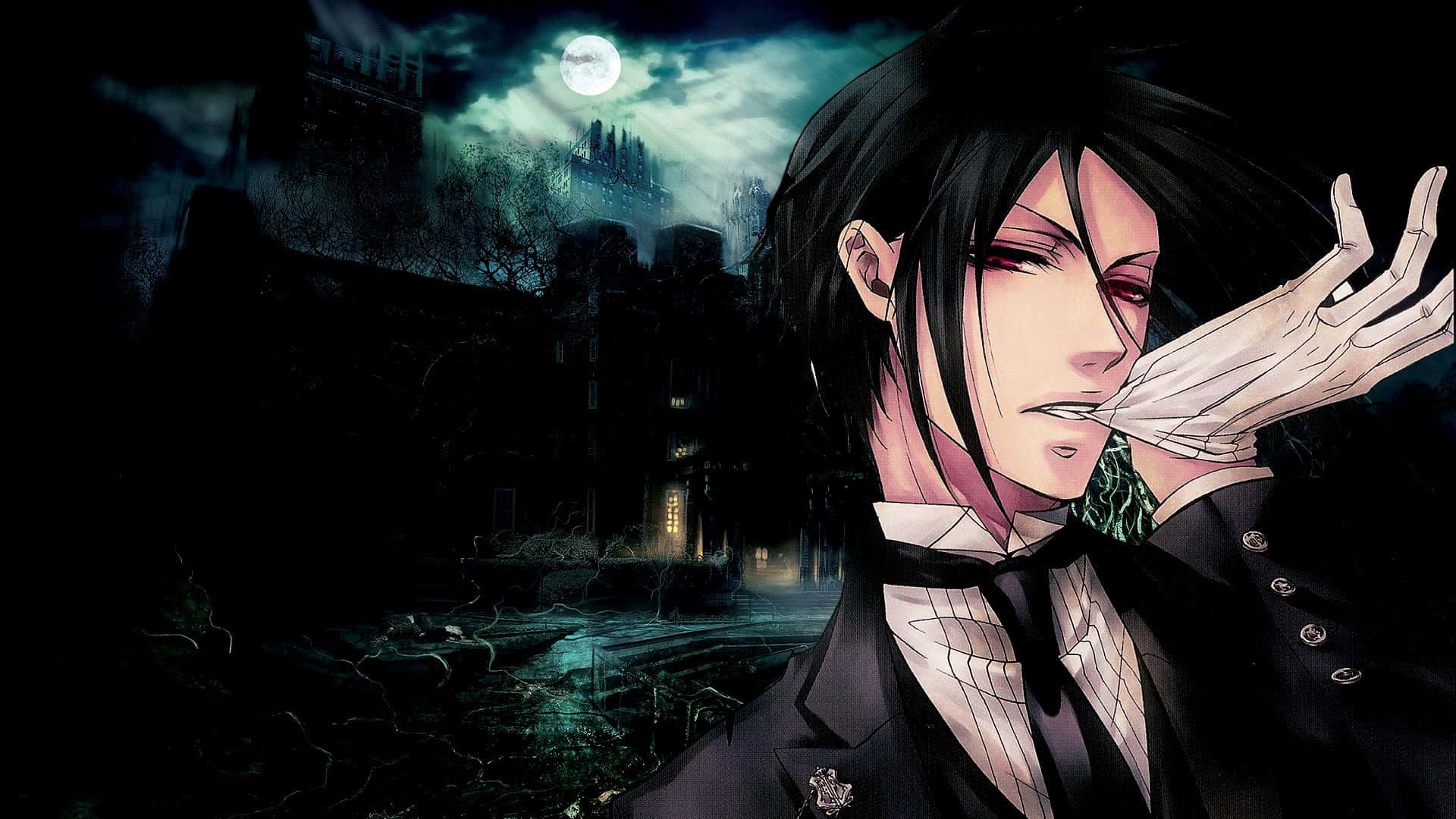 sebastian michaelis 桌布 壁紙 — 一個黑髮動漫角色穿著西裝，站在月光照耀的哥德式大宅背景下，伴隨著詭異的迷霧。