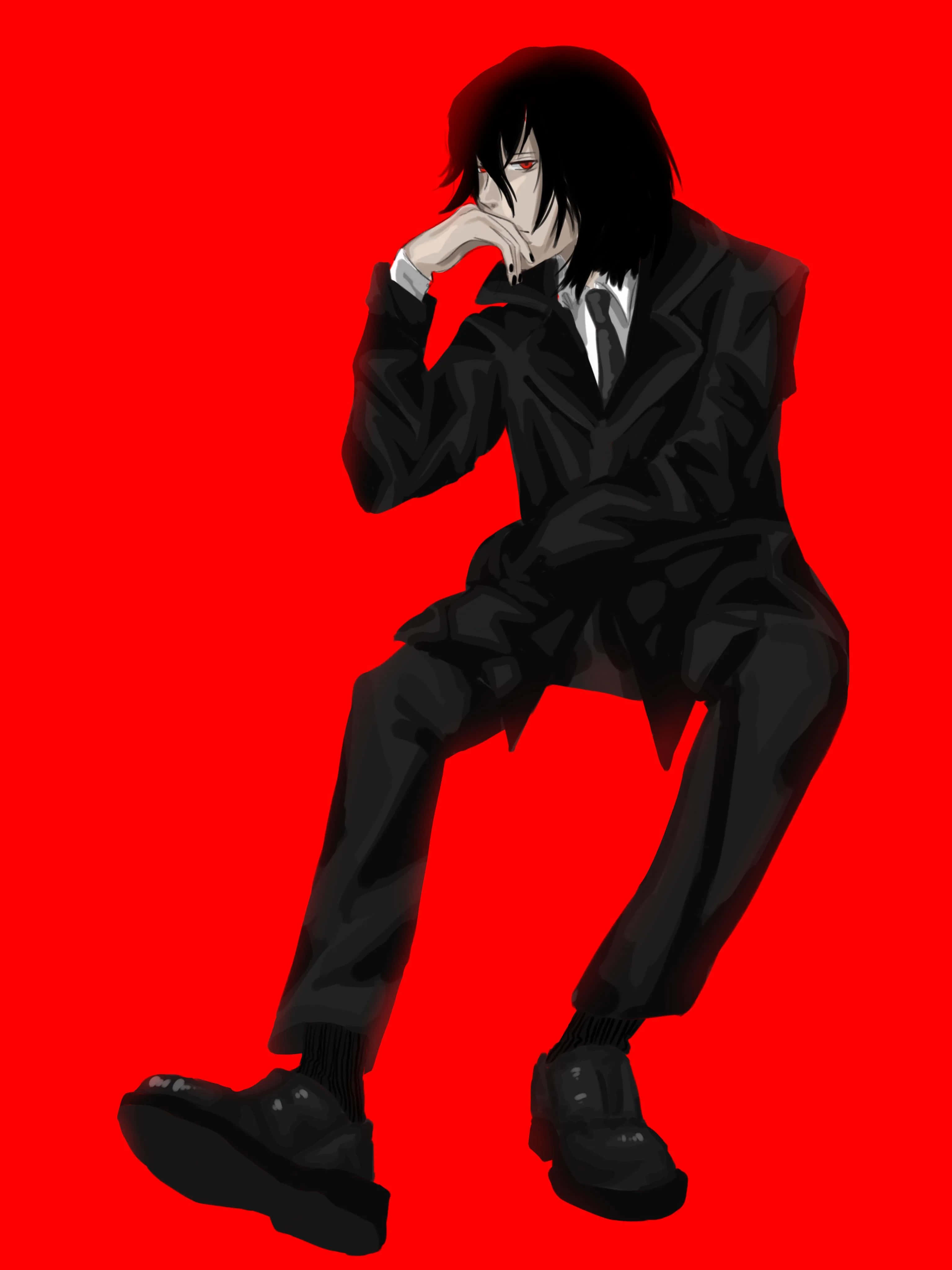 Teru Mikami 桌布 壁紙 — 一個黑髮動漫角色穿著黑色西裝，在鮮紅色背景前托腮沉思。