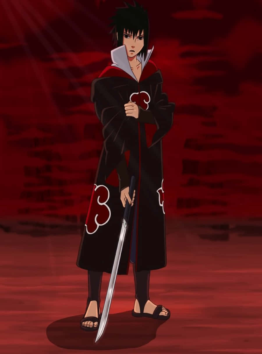 Akatsuki Sasuke 桌布 壁紙 — 一個黑髮動漫角色身穿帶有紅色雲紋的黑色斗篷，手持劍，背景為血紅色。