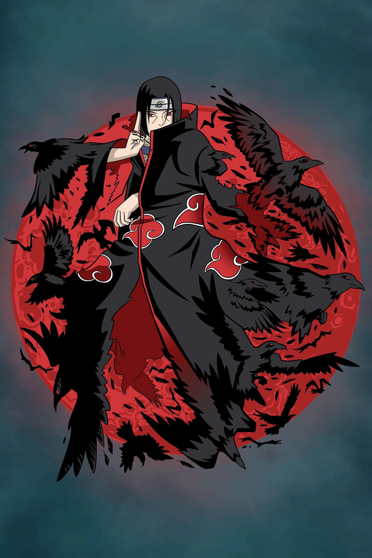 Genjutsu 桌布 壁紙 — 一個黑髮動漫角色身穿帶有紅色雲紋的黑色斗篷，在發光的紅月背景下被黑色烏鴉包圍。