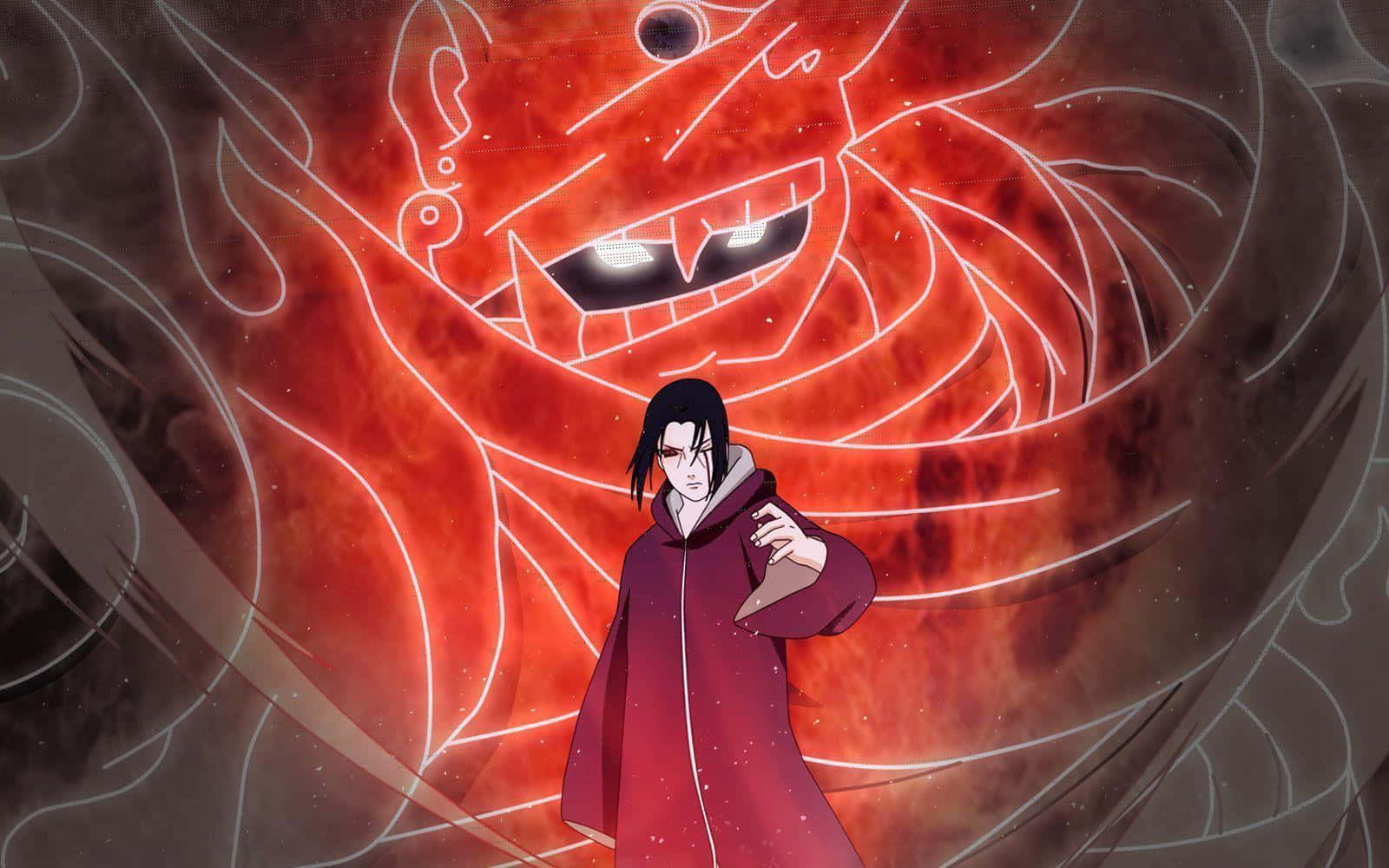 Itachi 桌布 壁紙 — 一個黑髮動漫角色身穿紅色斗篷，站在一個巨大、發光的紅色惡魔臉孔前，該臉孔有尖銳的牙齒和白色的眼睛。