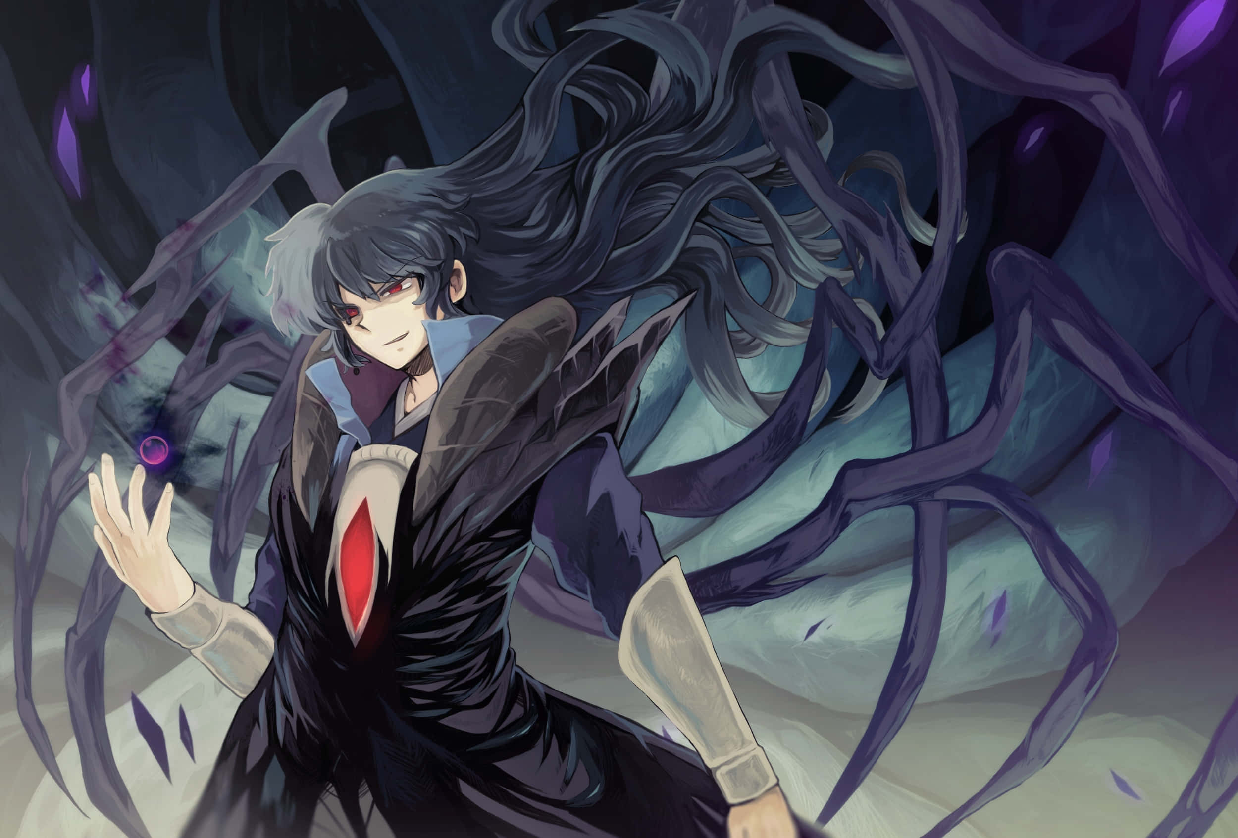 Naraku 桌布 壁紙 — 一個黑髮動漫角色身穿黑色外套，帶有紅色標誌，站在旋轉的紫色藤蔓中，手持發光球體。