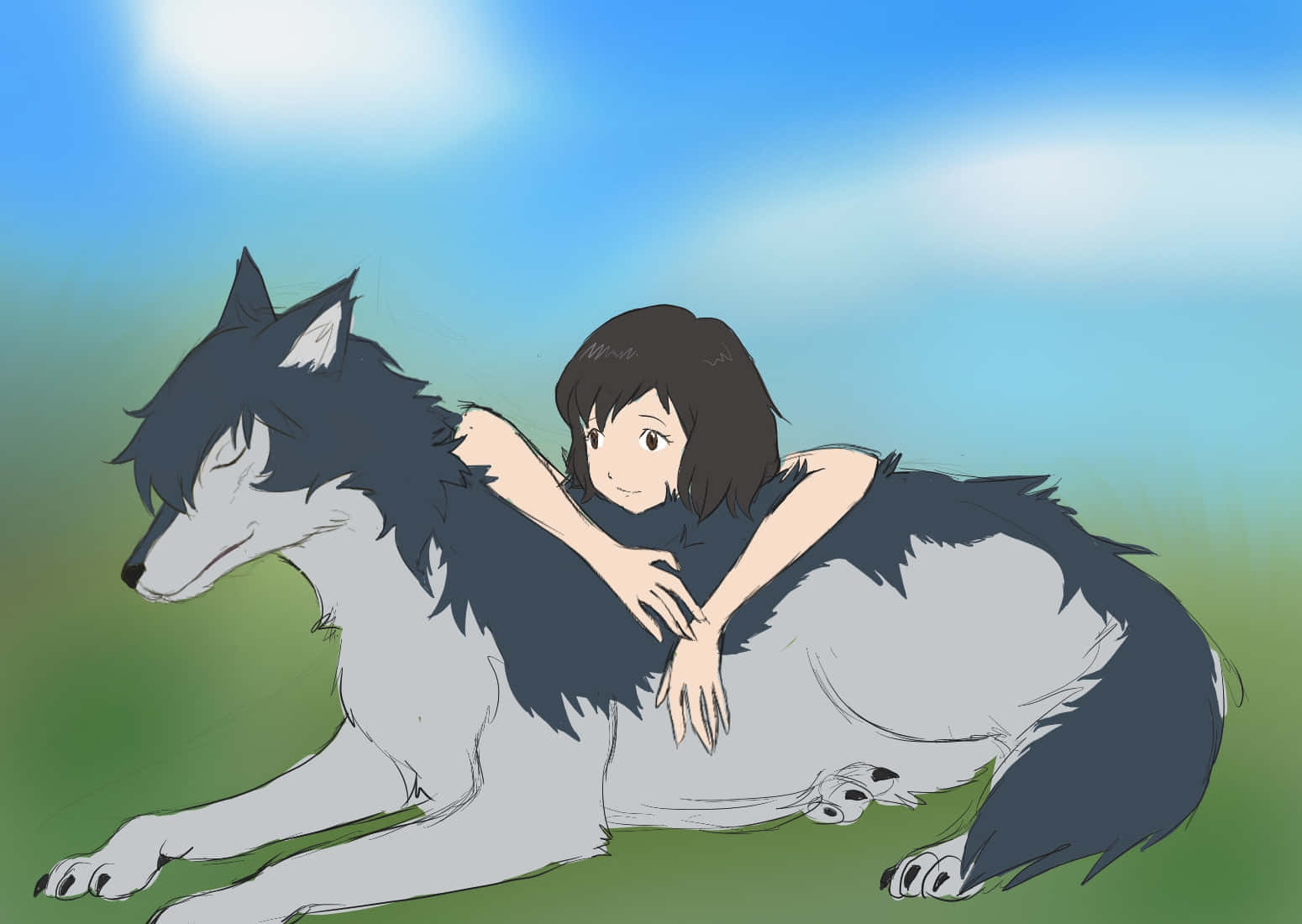 Wolf Children 桌布 壁紙 — 一個黑髮小女孩擁抱一隻在明亮藍天下綠草地上平靜休息的灰色大狼。
