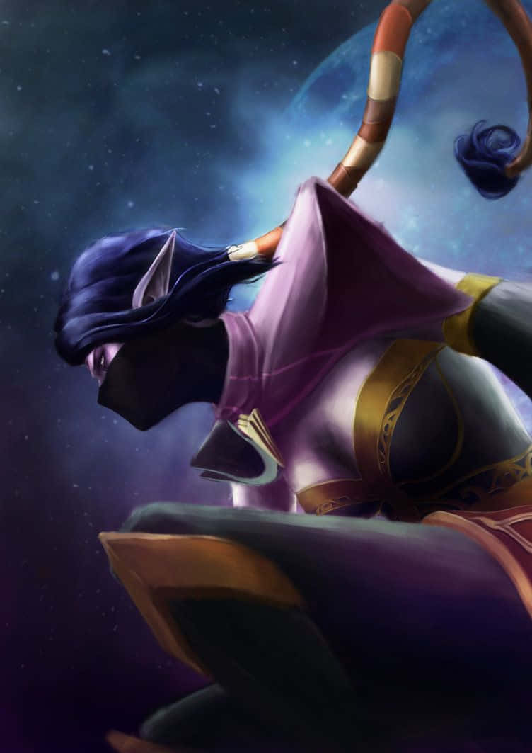 Templar Assassin 桌布 壁紙 — 一個黑髮尖耳、戴著黑色面具的精靈，在星光閃爍、星雲發光的宇宙背景下拉弓。