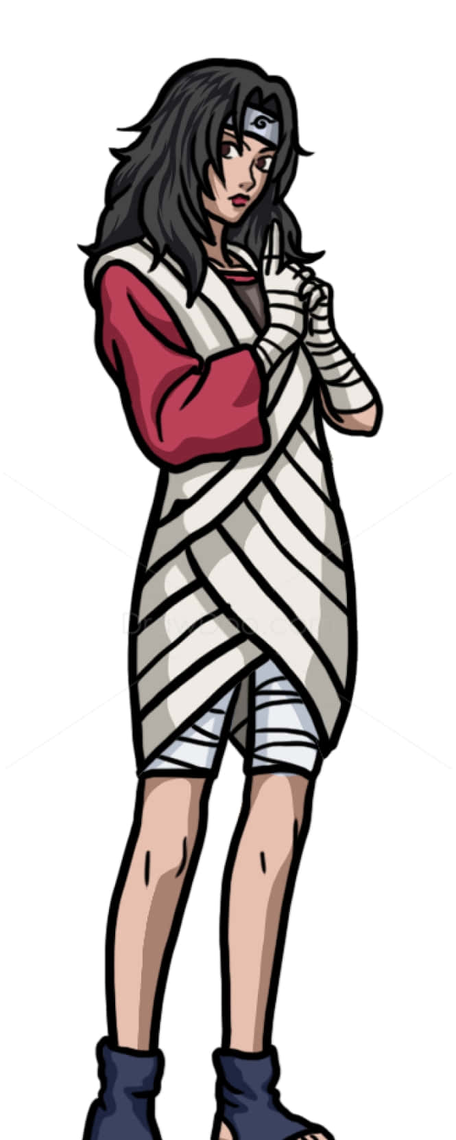 Kurenai Yuhi 桌布 壁紙 — 一個黑髮戴頭帶的女忍者，紅色袖子和短褲上纏著白色繃帶站立。