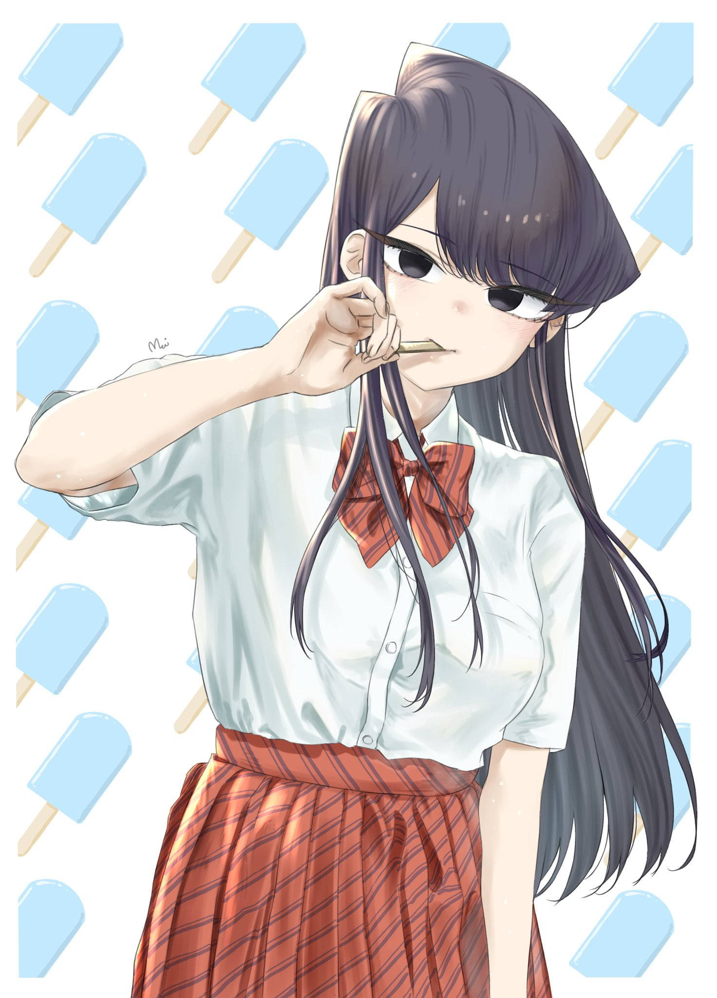 動漫女孩 桌布 壁紙 — 一個黑髮的動漫女孩穿著校服，在重複的藍色冰棒背景中咬著冰棒。