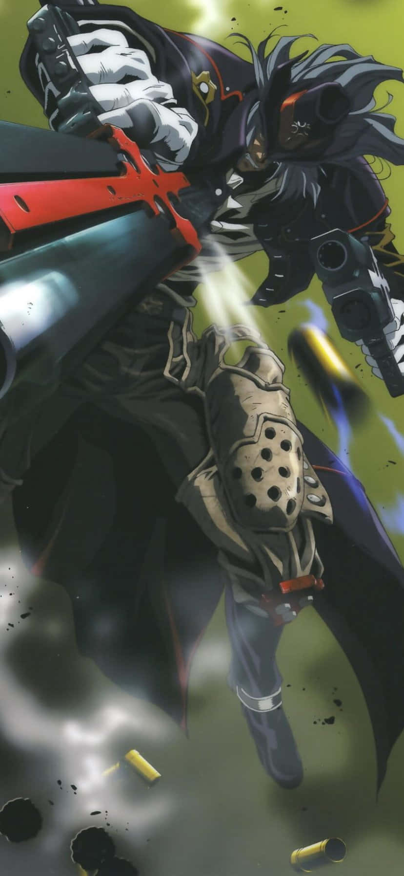 Gungrave 桌布 壁紙 — 一個黑髮的動漫戰士穿著黑色盔甲，在綠色背景中，於飛舞的子彈和煙霧中發射發光的紅色武器。