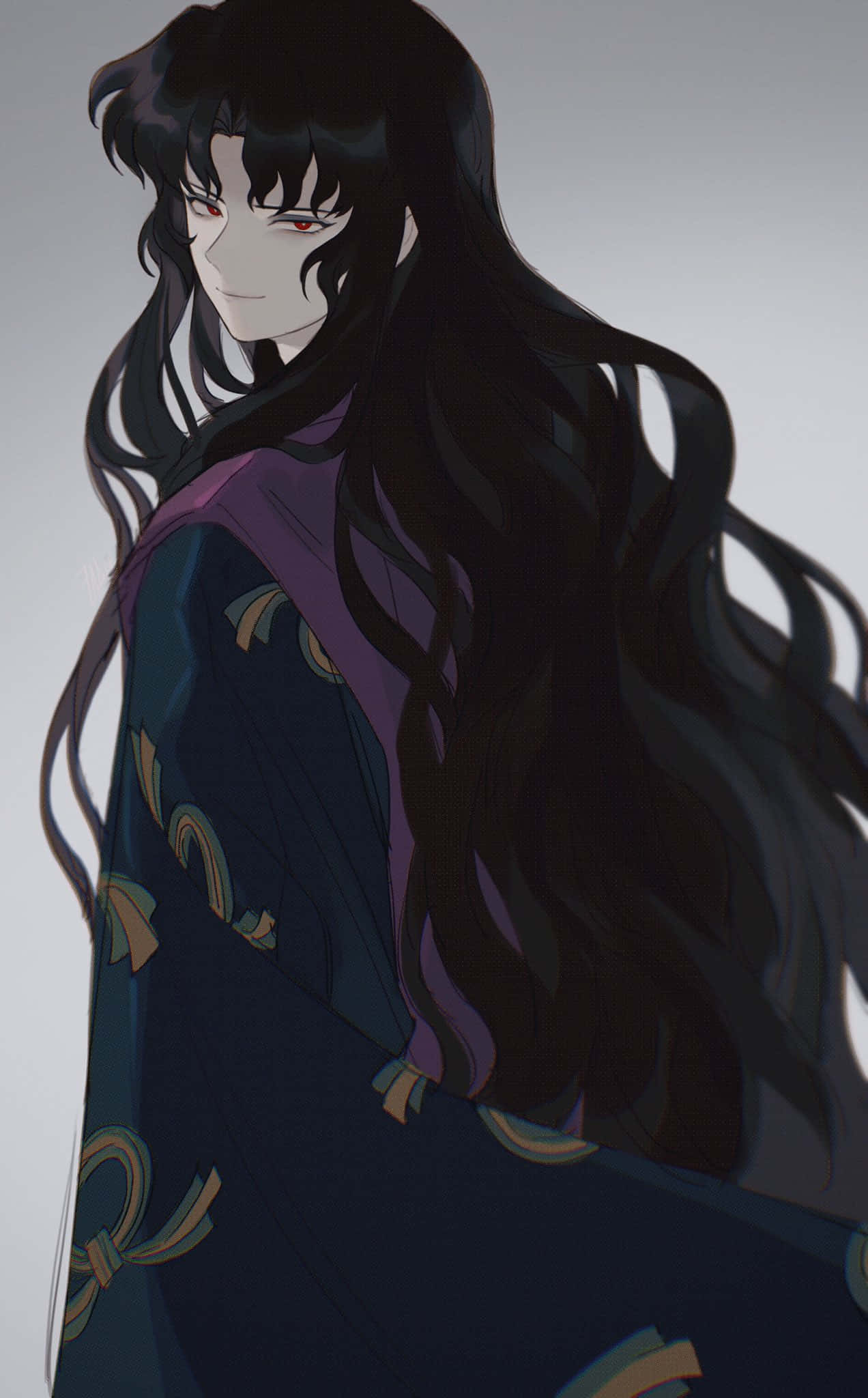 Naraku 桌布 壁紙 — 一個黑髮的動漫角色，有著紅眼睛和微妙的笑意，穿著圖案長袍，背景是純灰色。