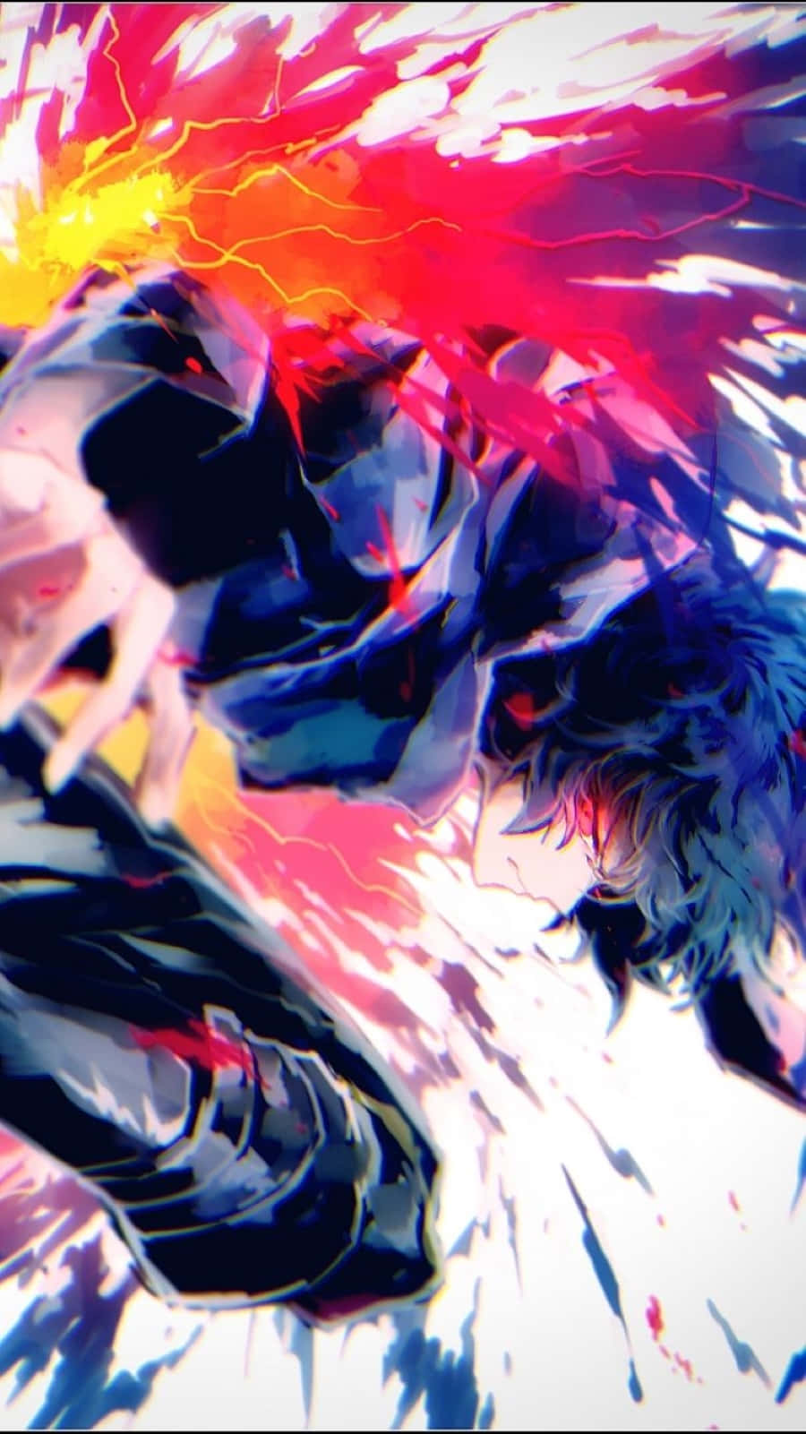 Ayato Kirishima 桌布 壁紙 — 一個黑髮的動漫角色在動感、風格化的動作姿勢中釋放出火紅和黃色的能量爆發。