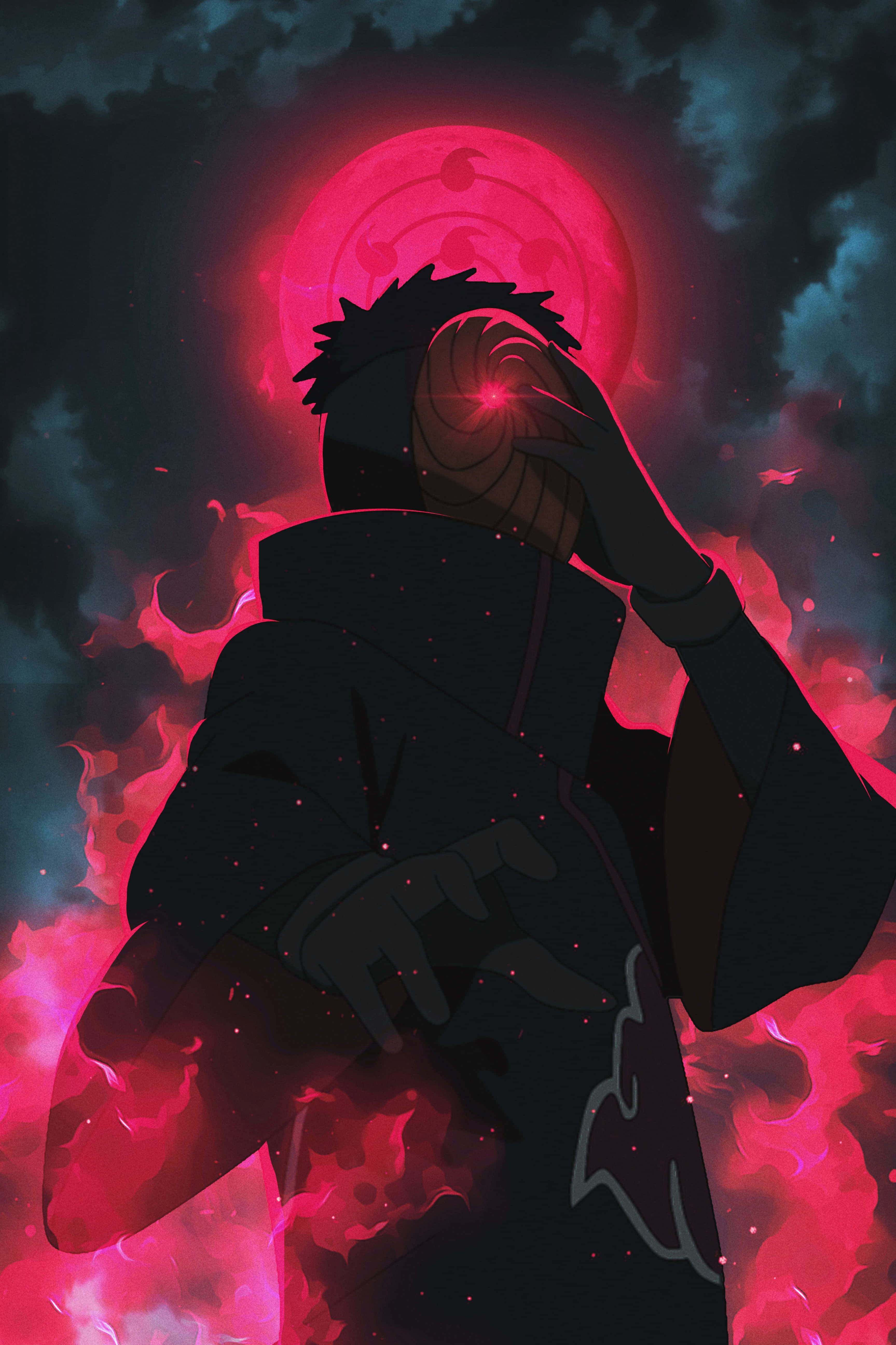 Akatsuki Poster 桌布 壁紙 — 一個黑髮的動漫角色穿著黑色斗篷，用發光的紅色眼睛遮住臉，背景是火紅的月亮和暴風雨的天空。