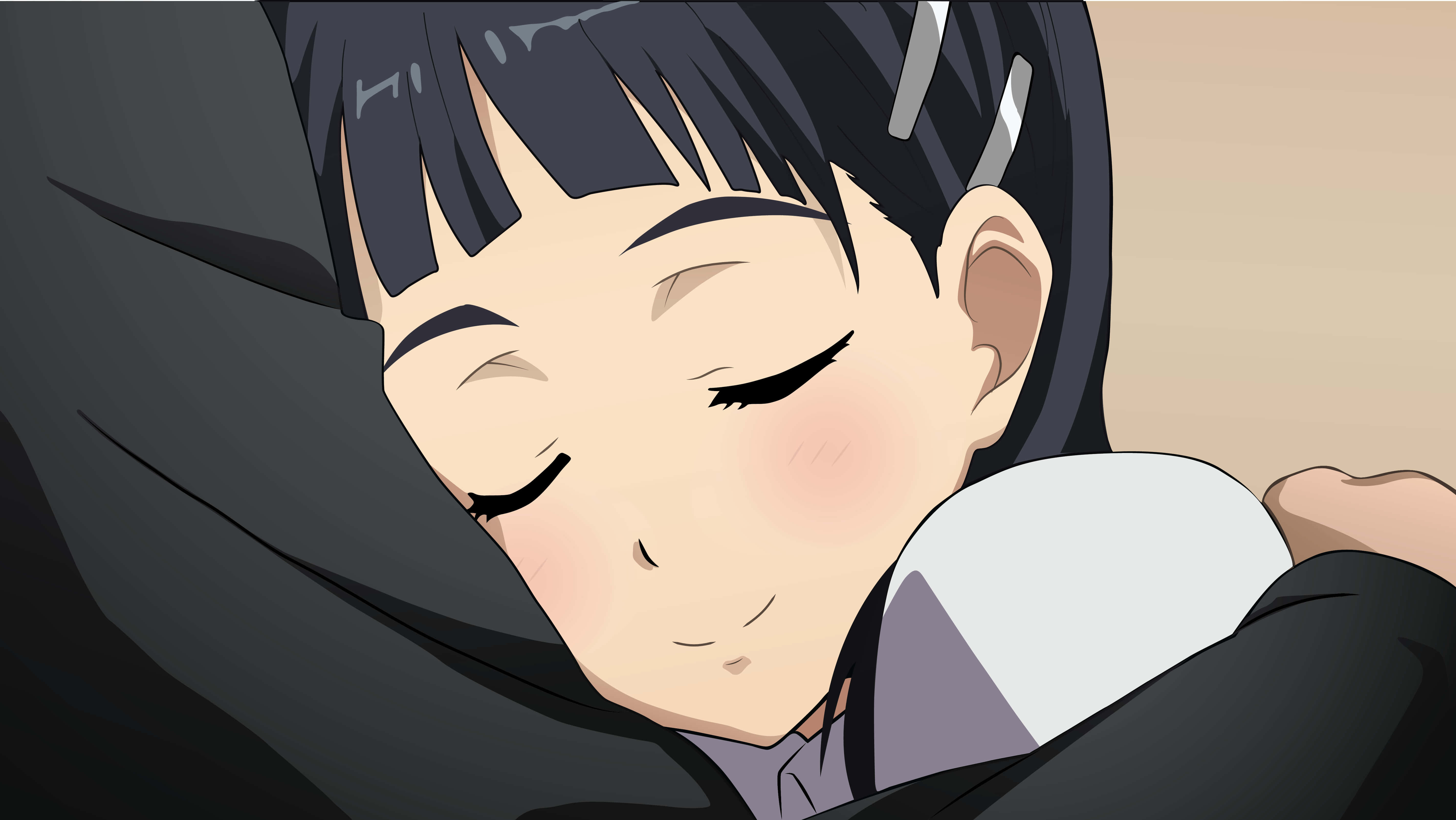Suguha Kirigaya 桌布 壁紙 — 一個黑髮的年輕動漫女孩，裹著深色毯子，臉頰微微泛紅，安詳地睡著。