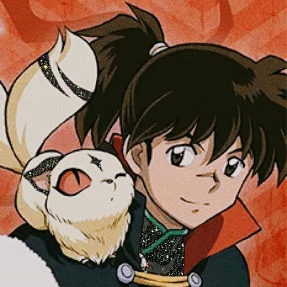 Kohaku 桌布 壁紙 — 一個黑髮的年輕動漫男孩和一隻紅眼白色狐狸般的生物在溫暖的橙色背景下一同休息。
