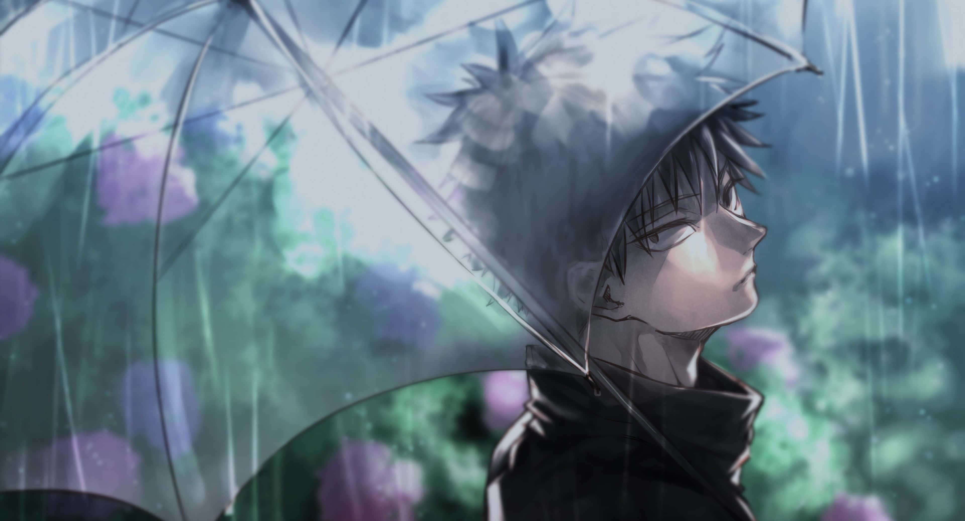 Toji Fushiguro 桌布 壁紙 — 一個黑髮的年輕動漫男孩在雨穿過發光的綠色和紫色花朵時撐著透明雨傘。