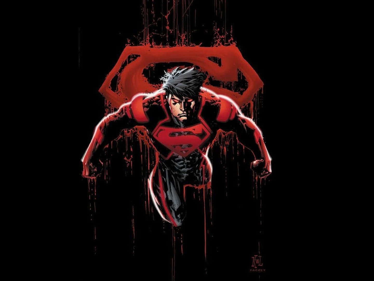 Animated Superhero Movies 桌布 壁紙 — 一個黑髮的超人穿著紅黑套裝，在黑色背景前挑釁地站立，身後有一個滴血的紅色S盾牌。