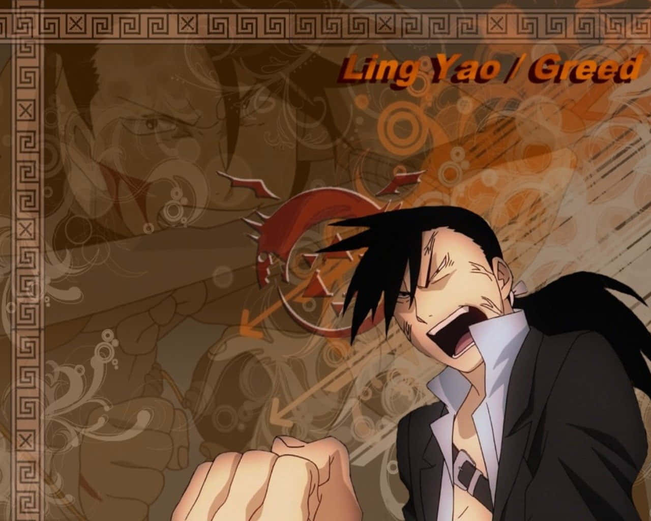 Ling Yao 桌布 壁紙 — 一個黑髮穿西裝的動漫角色，手持紅色尖刺武器，對著旋轉的棕色和橙色圖案背景尖叫。