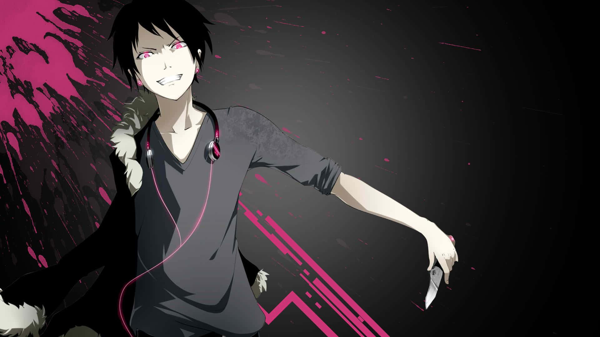 Izaya Orihara 桌布 壁紙 — 一個黑髮粉紅眼睛的動漫角色，在黑暗背景上帶有粉紅色飛濺，微笑著拿著一把刀。