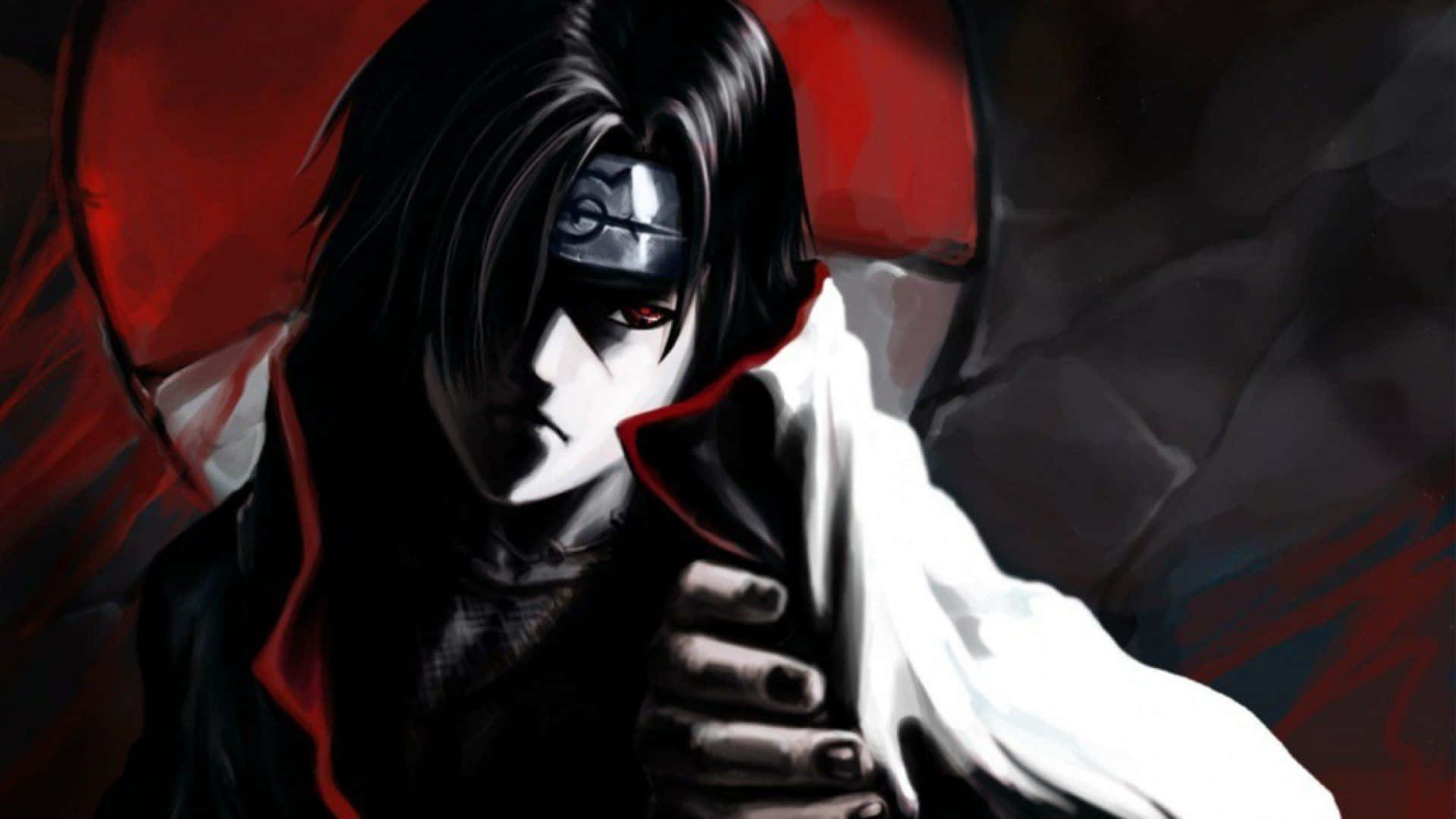 Itachi 桌布 壁紙 — 一個黑髮紅眼、身穿白色斗篷的動漫角色，站在紅色和黑色的背景前。