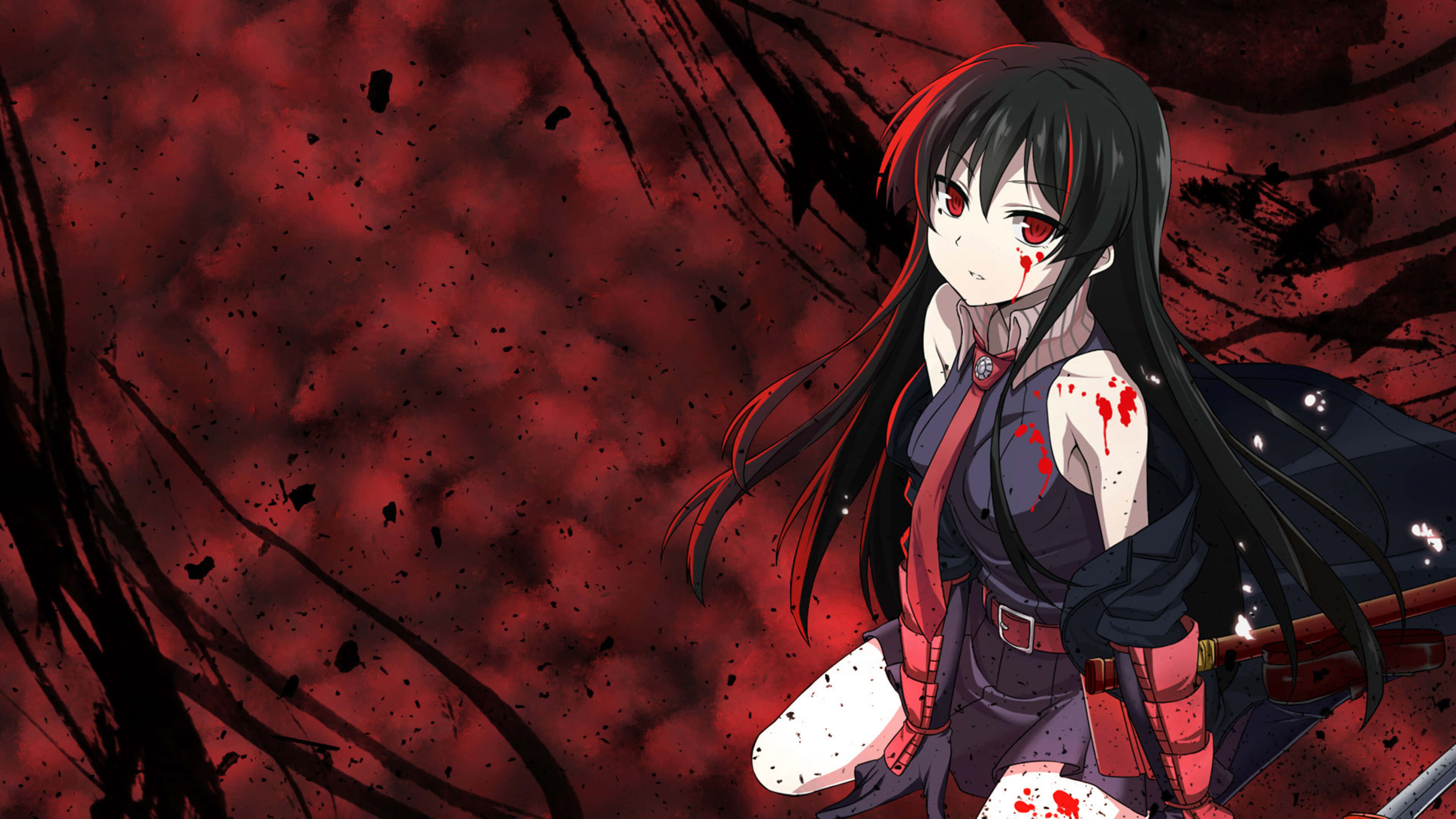 Akame Ga Kill 4K 桌布 壁紙 — 一個黑髮紅眼嘅動漫女仔企喺血跡斑斑嘅紅黑背景入面，揸住一把劍。