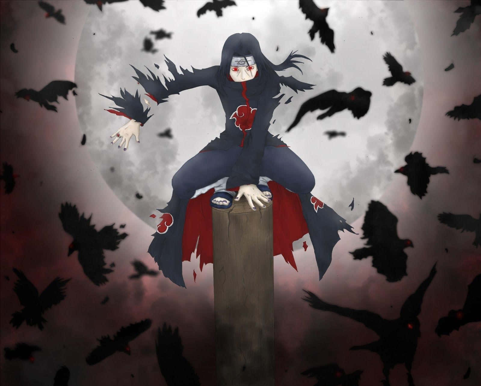 Genjutsu 桌布 壁紙 — 一個黑髮紅眼嘅動漫角色坐喺木樁上面，被飛翔嘅烏鴉包圍，背景係滿月。