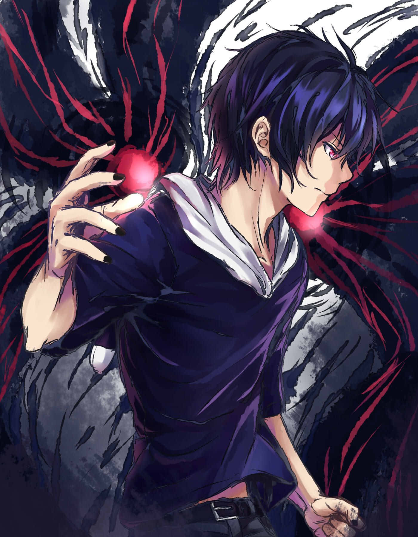 Ayato Kirishima 桌布 壁紙 — 一個黑髮紅眼的動漫男孩手持發光的紅色球體，背後爆出白色和紅色的翅膀。