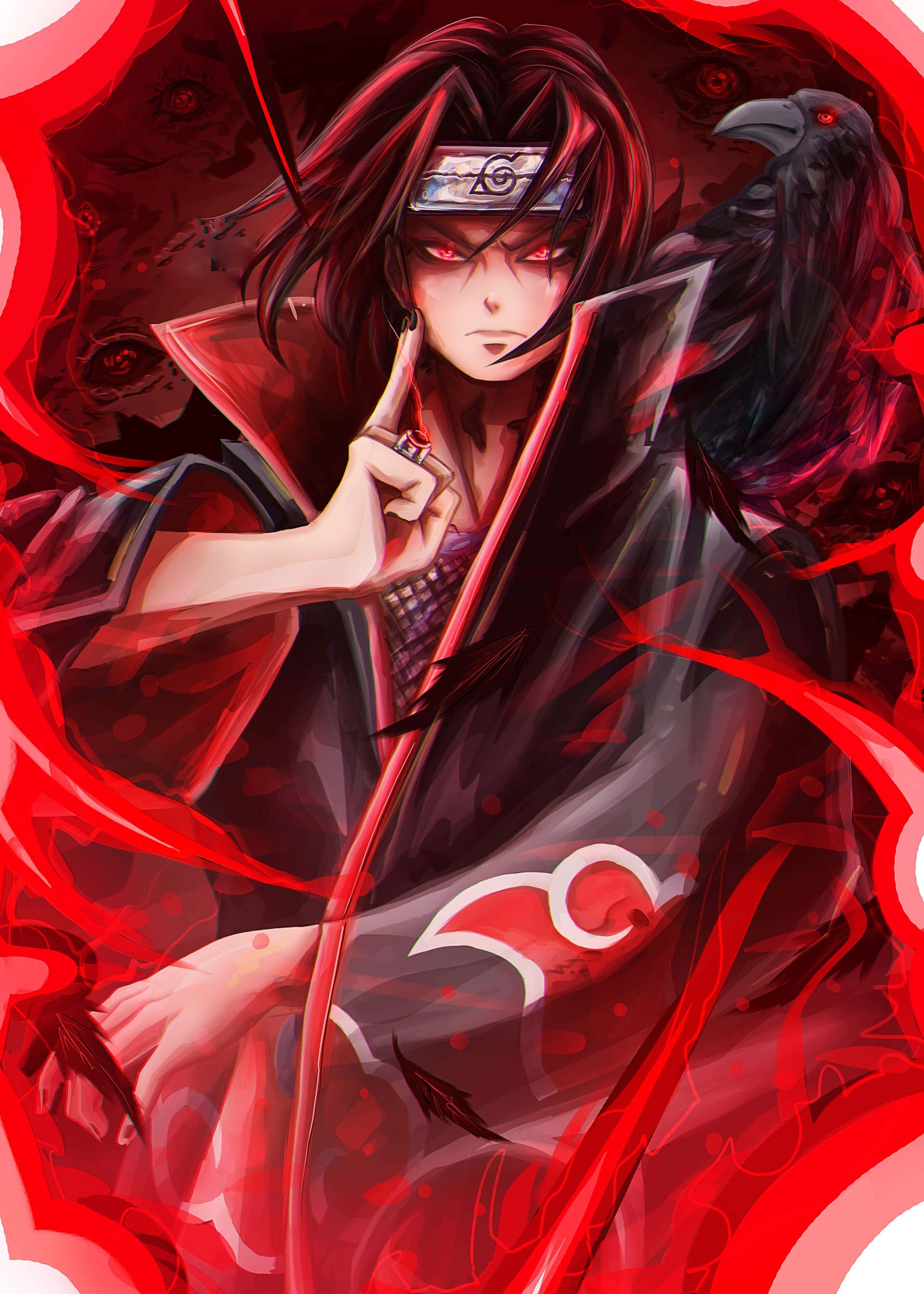 Jutsu 桌布 壁紙 — 一個黑髮紅眼的動漫角色，肩上站著一隻烏鴉，被旋轉的紅色查克拉包圍。
