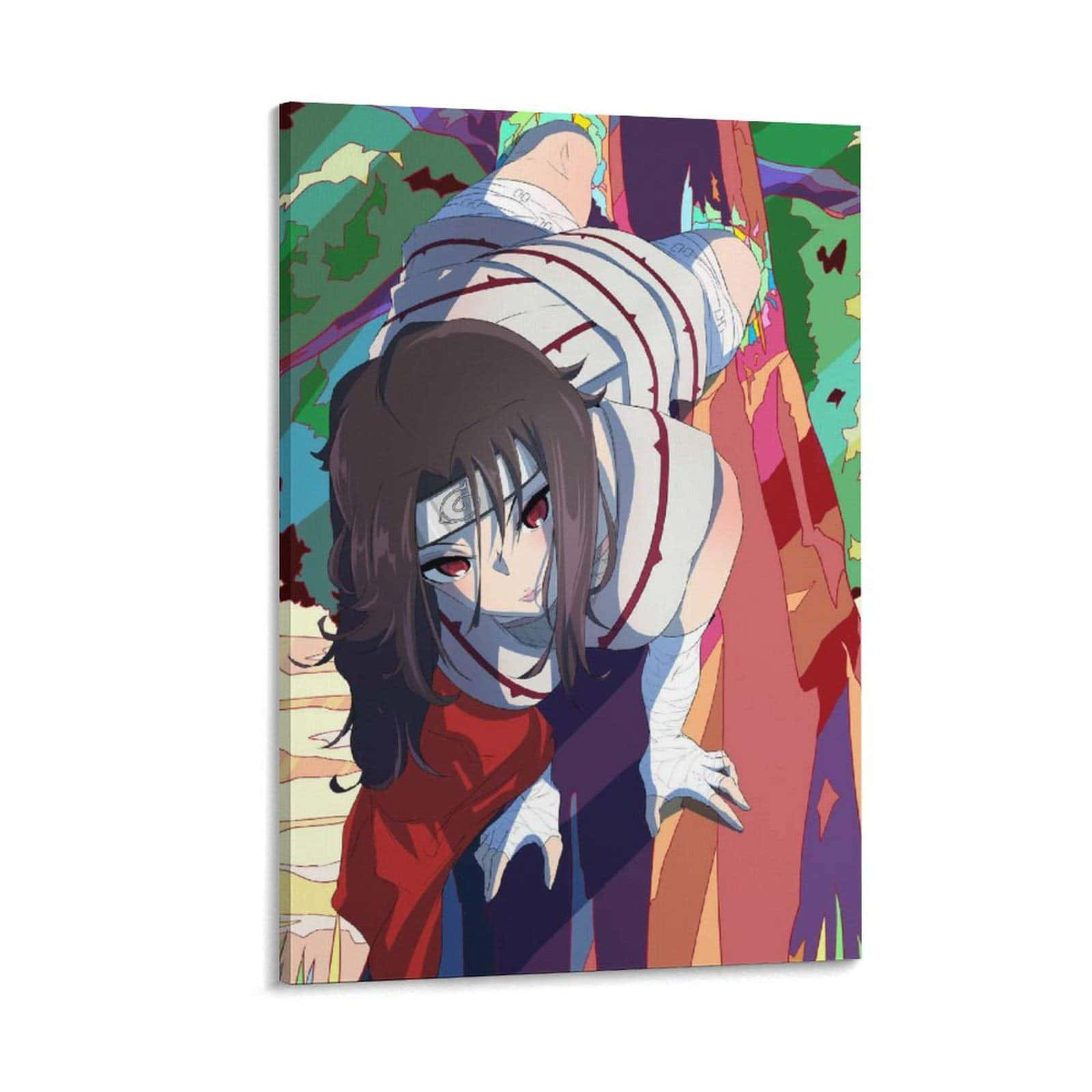 Kurenai Yuhi 桌布 壁紙 — 一個黑髮紅眼的動漫角色在充滿活力的抽象背景前緊握著一根桿子。
