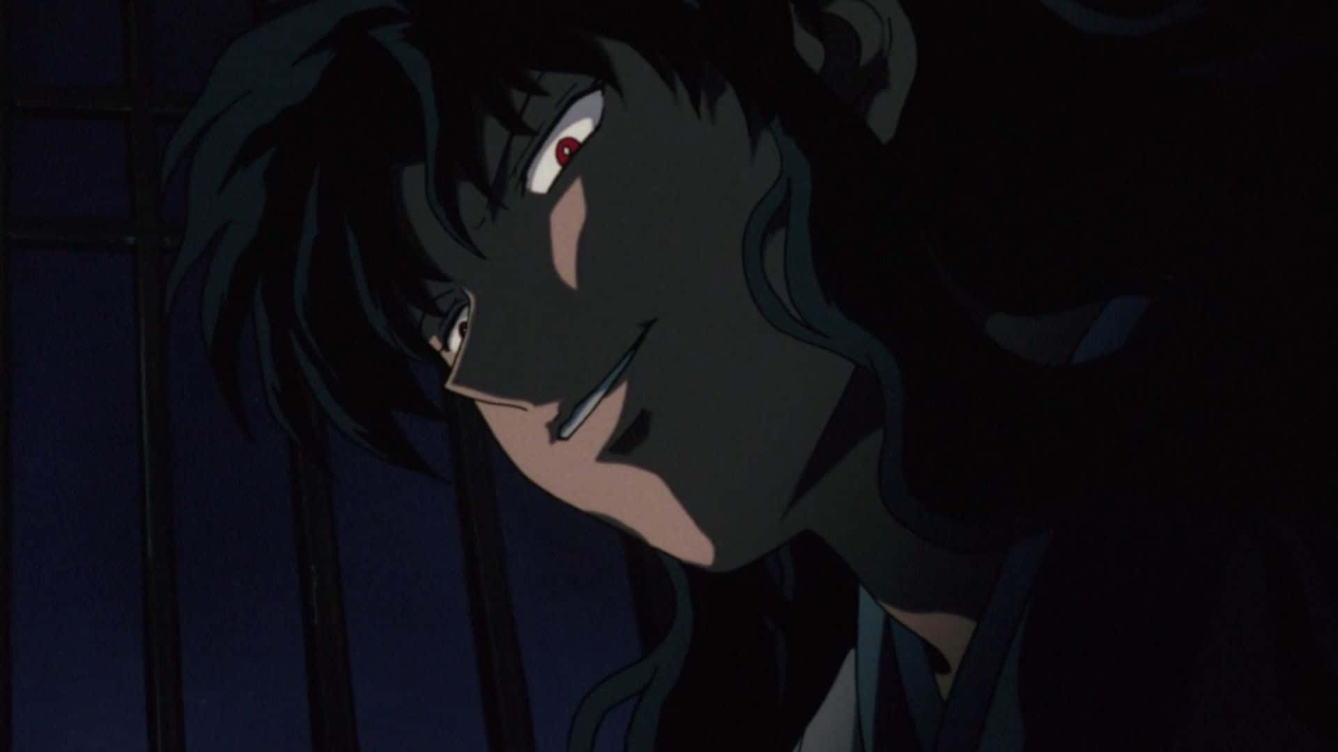 Naraku 桌布 壁紙 — 一個黑髮紅眼的動漫角色在有欄杆的陰暗房間裡陰險地微笑。