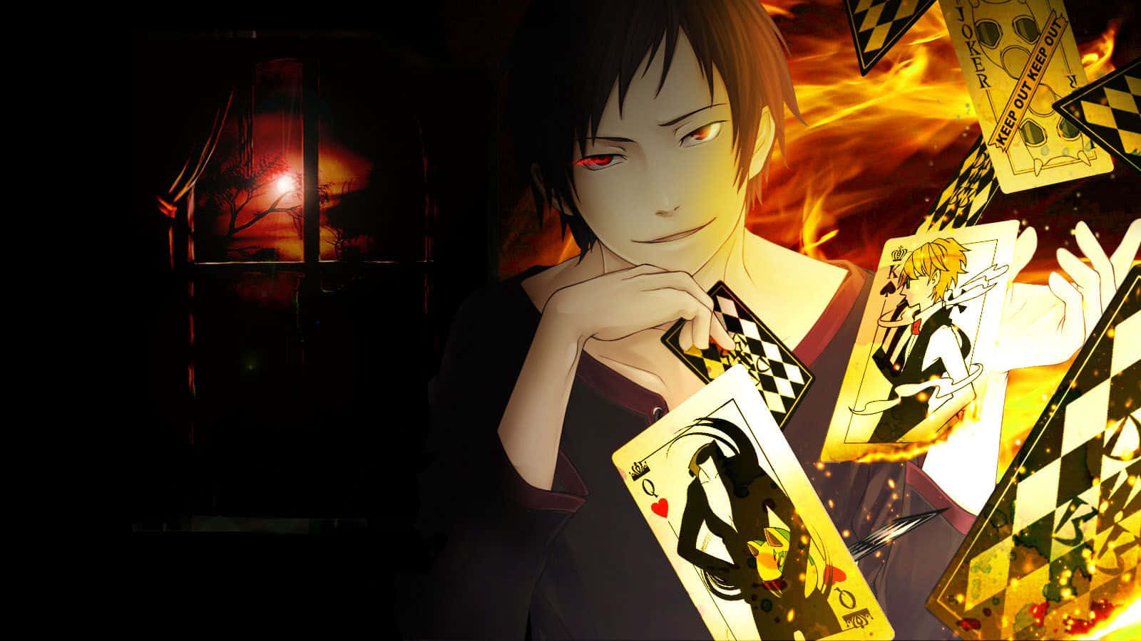 durarara 桌布 壁紙 — 一個黑髮紅眼的動漫角色手持撲克牌，背後火焰噴發，背景是陰暗的窗戶。