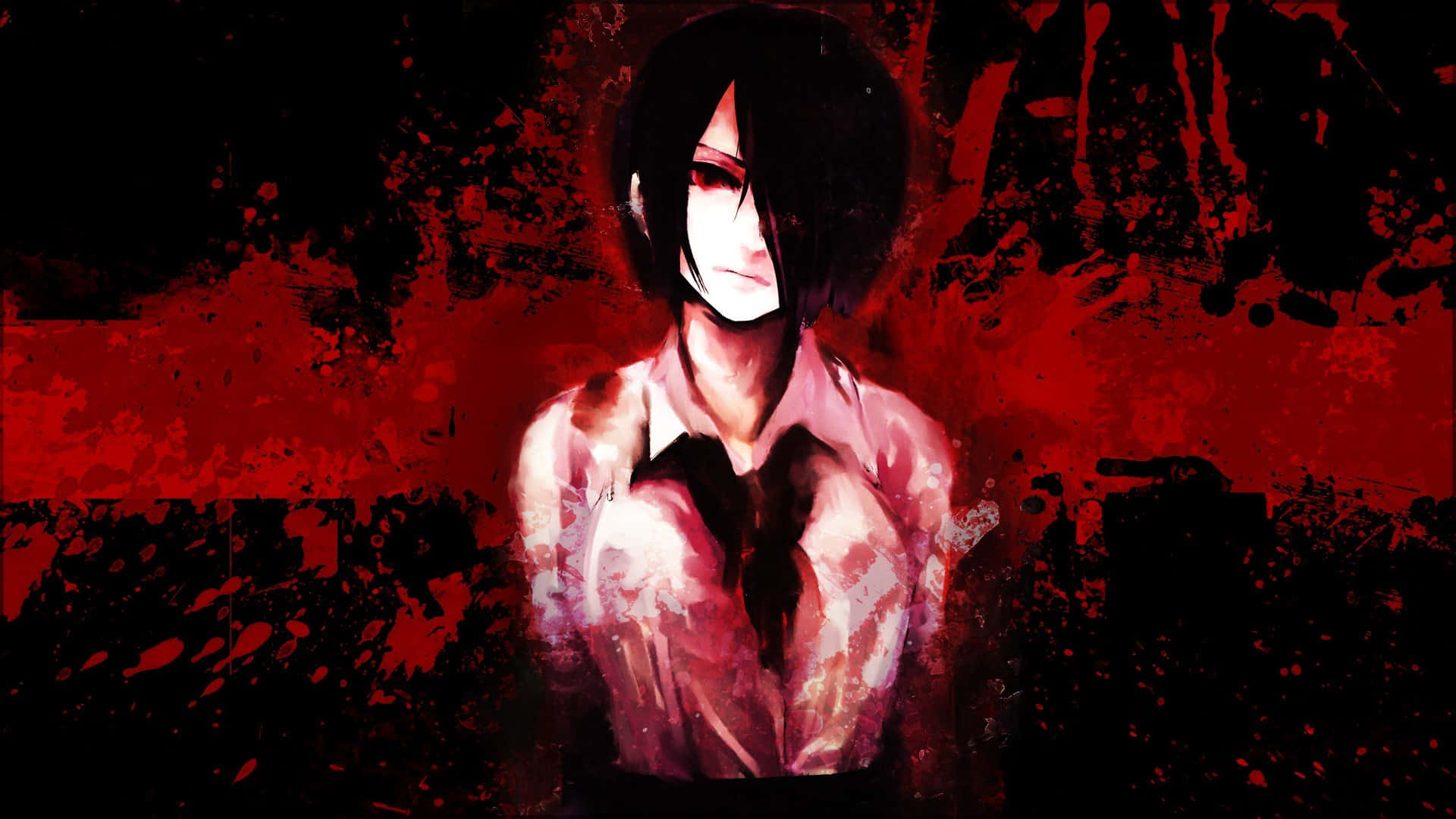 Touka Kirishima 桌布 壁紙 — 一個黑髮紅眼的動漫角色站在濺有紅色和黑色的背景前。