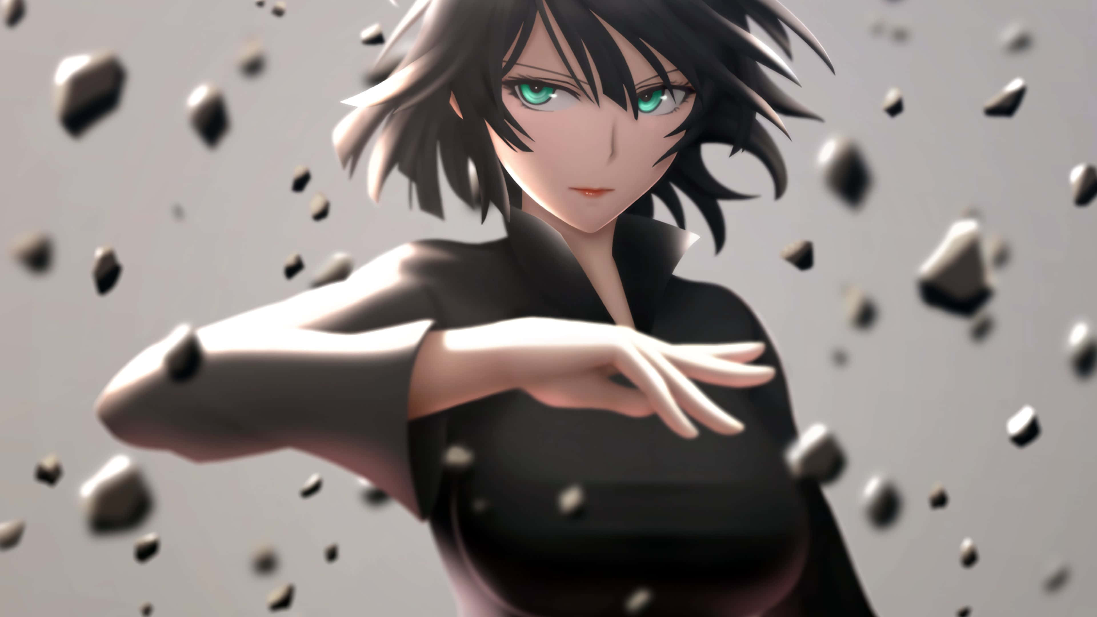 Fubuki 桌布 壁紙 — 一個黑髮綠眼嘅動漫女仔喺灰色虛空中伸出手，周圍漂浮住石頭。