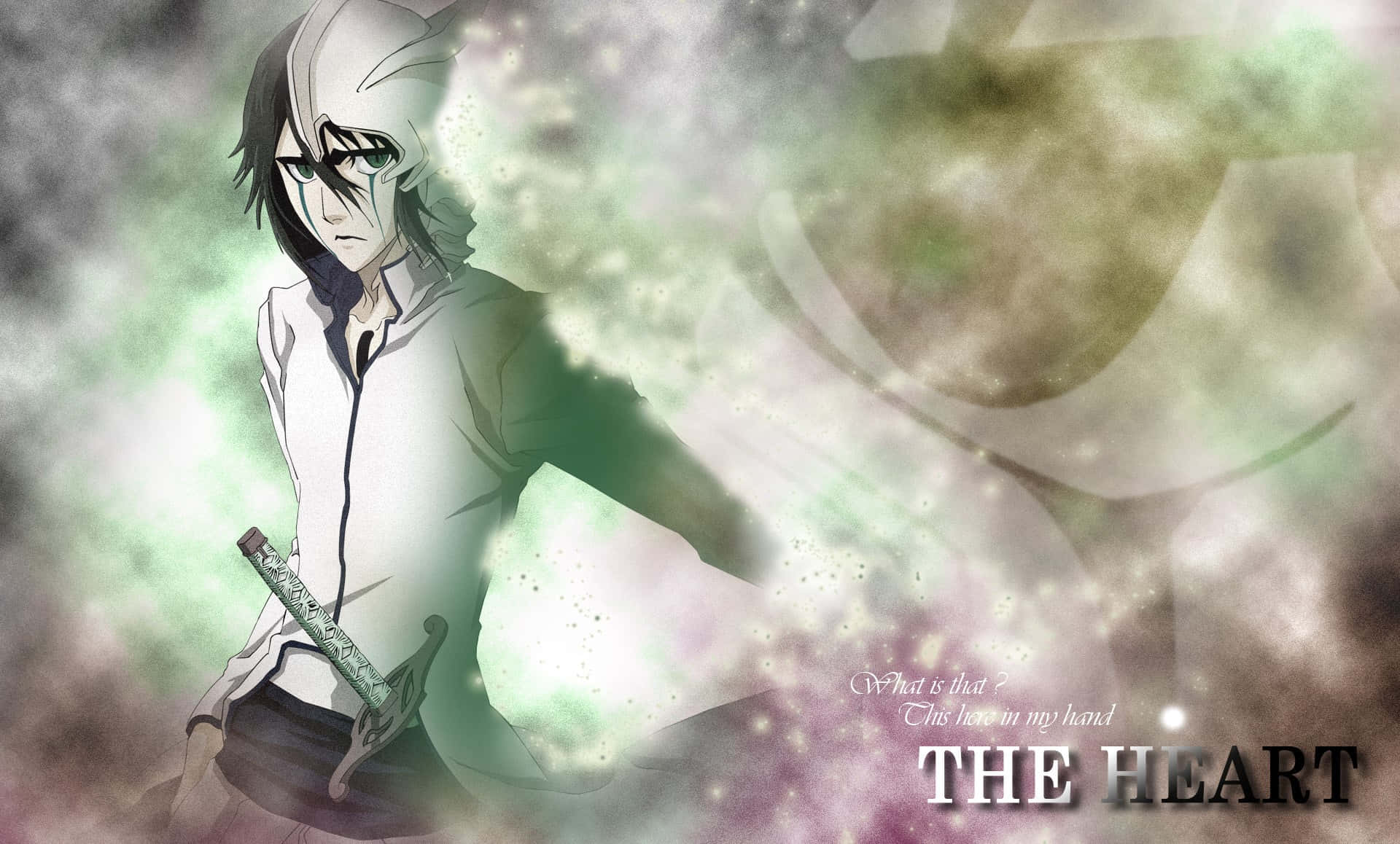 Ulquiorra Cifer 桌布 壁紙 — 一個黑髮綠眼的動漫角色在旋轉的綠色和灰色能量粒子中手持劍。
