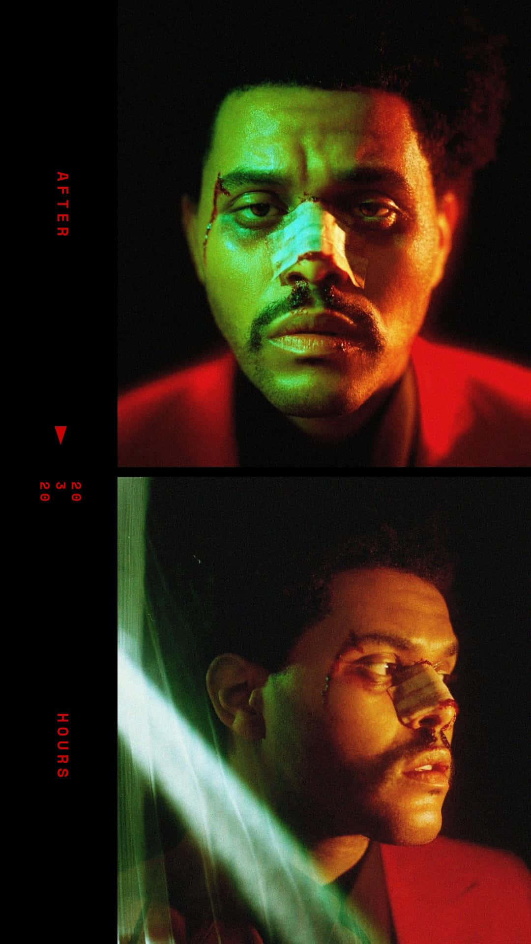The Weeknd After Hours 桌布 壁紙 — 一個鼻子纏著繃帶、帶有血痕的男人，在戲劇性的紅綠燈光下，以分割肖像呈現。
