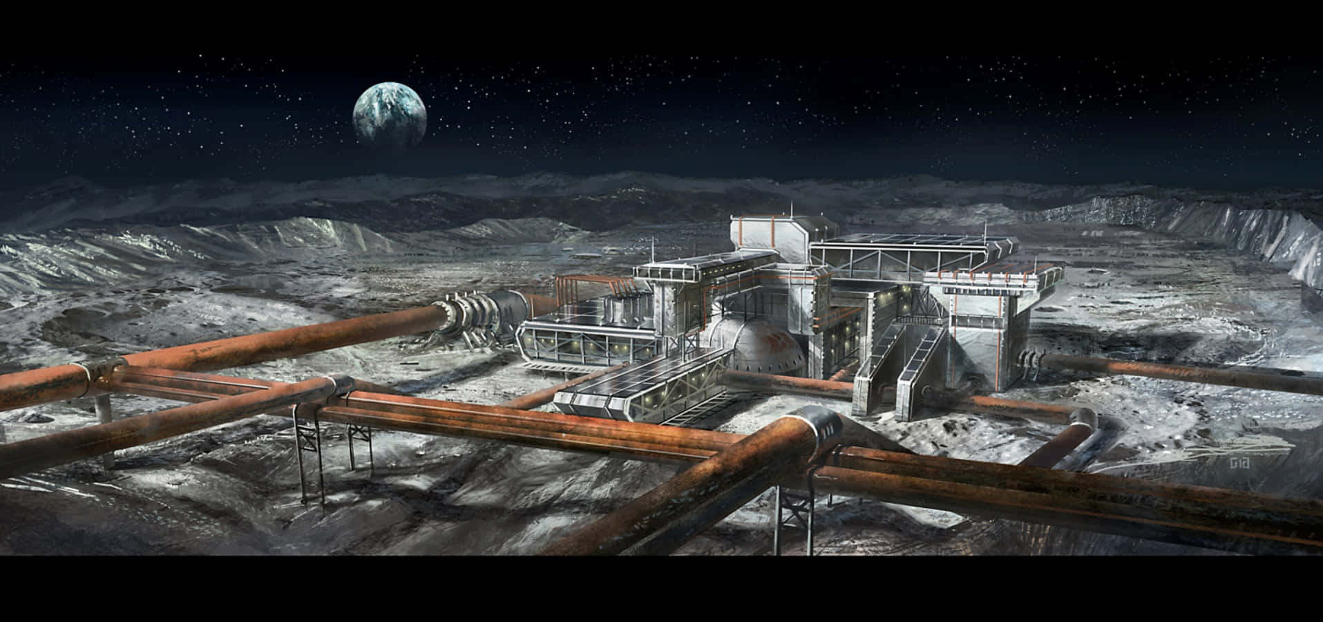 Space Mining 桌布 壁紙 — 一個龐大的工業設施，生鏽的管道遍佈在荒蕪的外星景觀上，星空下有一輪巨大的月亮。