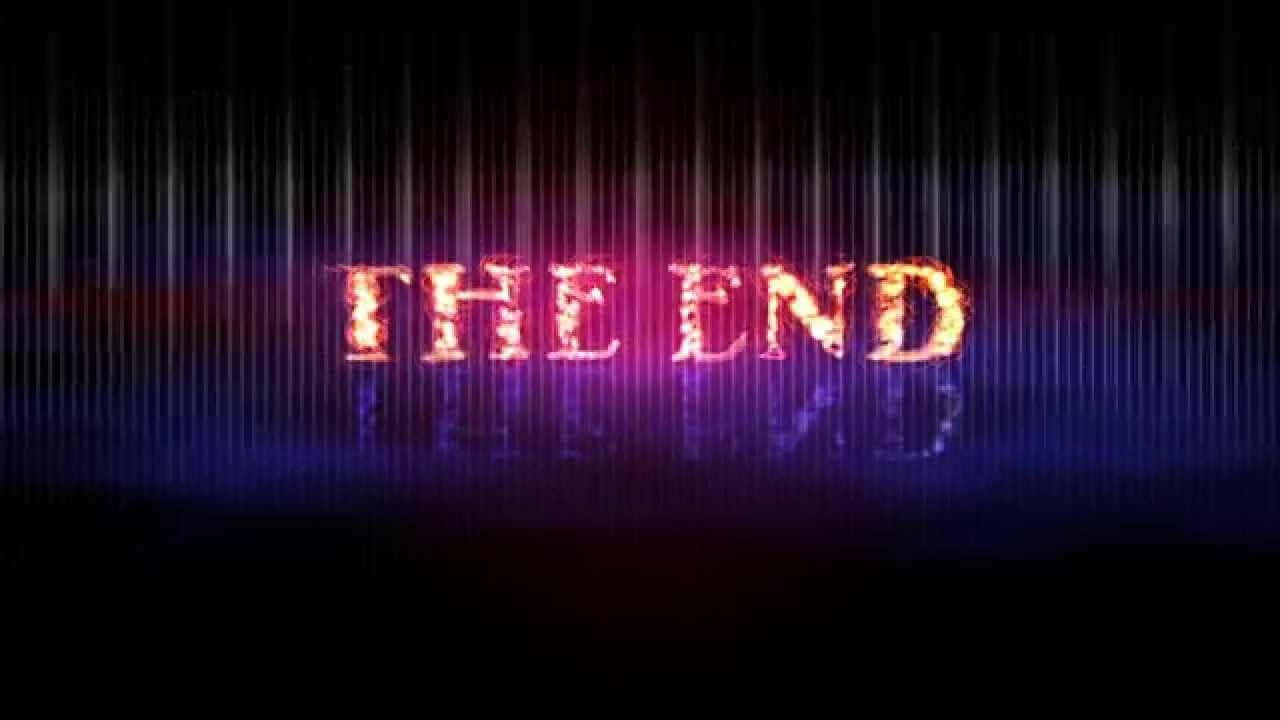 在帶有垂直條紋的深色背景上，發光的火熱文字顯示為THE END。