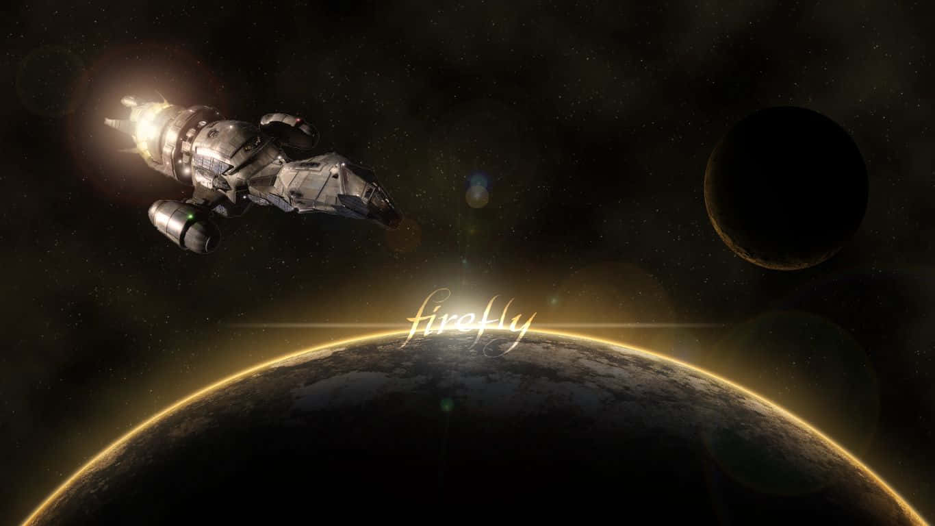 太空船在太空中靠近一顆發光的行星和黑暗的衛星飛行。