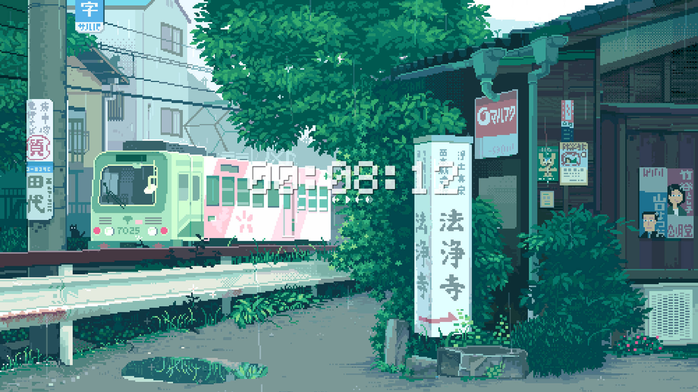 Train 桌布 壁紙 — 一列像素藝術火車穿過一條雨中的日本街道，兩旁種滿茂密的綠樹和傳統建築。