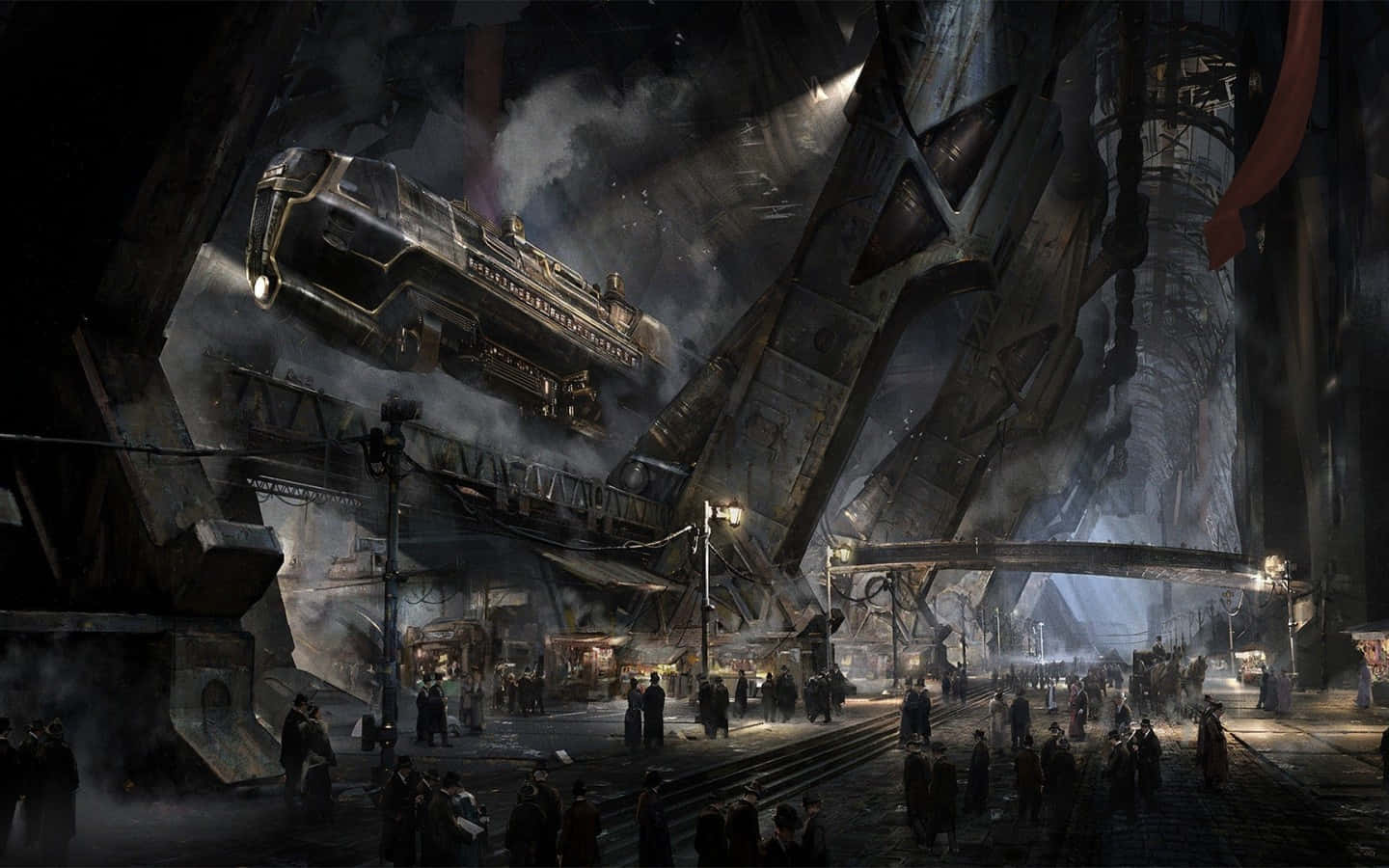 Dark Steampunk 桌布 壁紙 — 一列巨大的蒸汽火車懸浮在夜晚繁忙的工業城市街道上方，周圍是高聳的金屬結構和發光的燈籠。