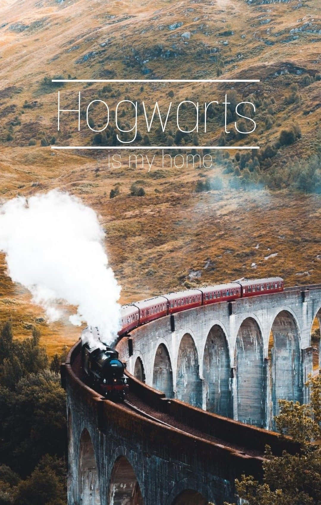 The Hogwarts Express Train 桌布 壁紙 — 一列帶有紅色車廂的蒸汽火車，在柔和日光下穿過金色山丘，跨越一座高聳的石拱橋。