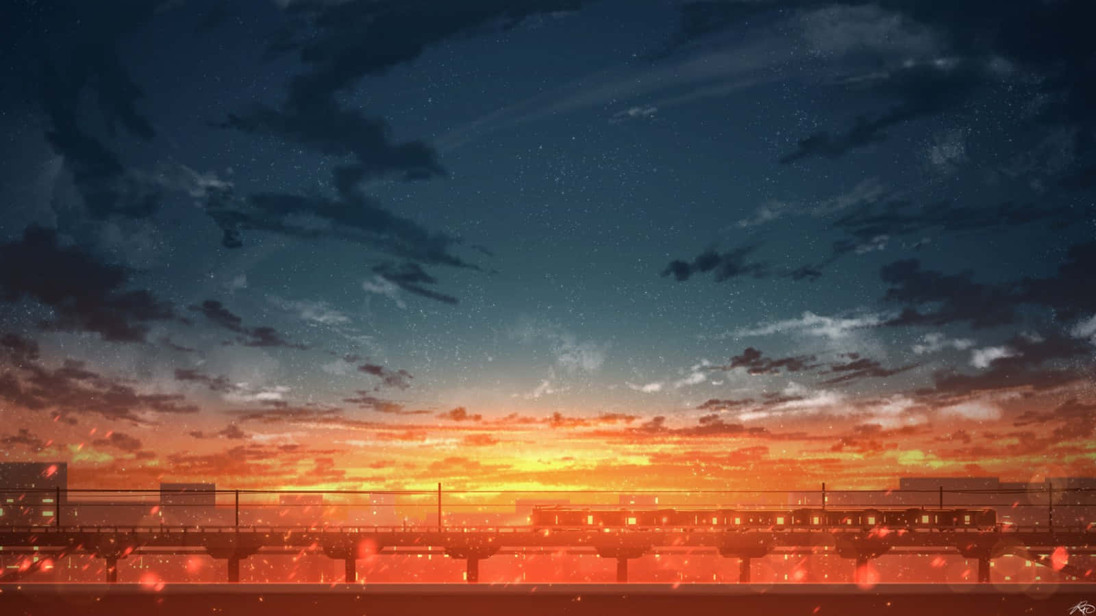 Horizon 桌布 壁紙 — 一列火車在繁星點點的暮色天空下駛過橋樑，天空被火橙色和深藍色的雲彩渲染。