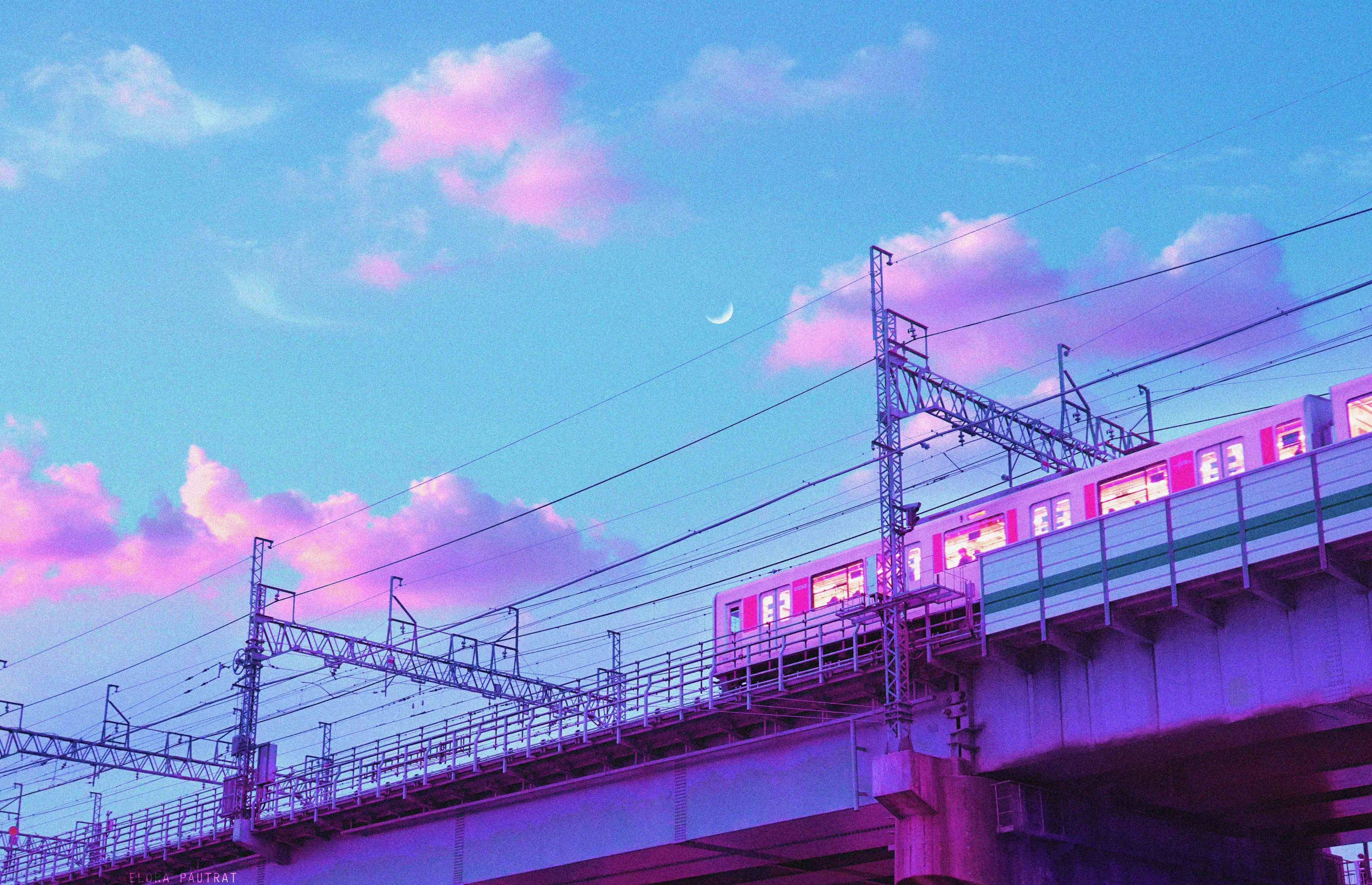 Train 桌布 壁紙 — 一列火車在繪有粉紅雲彩和新月的暮色天空下，滑過一座橋樑。