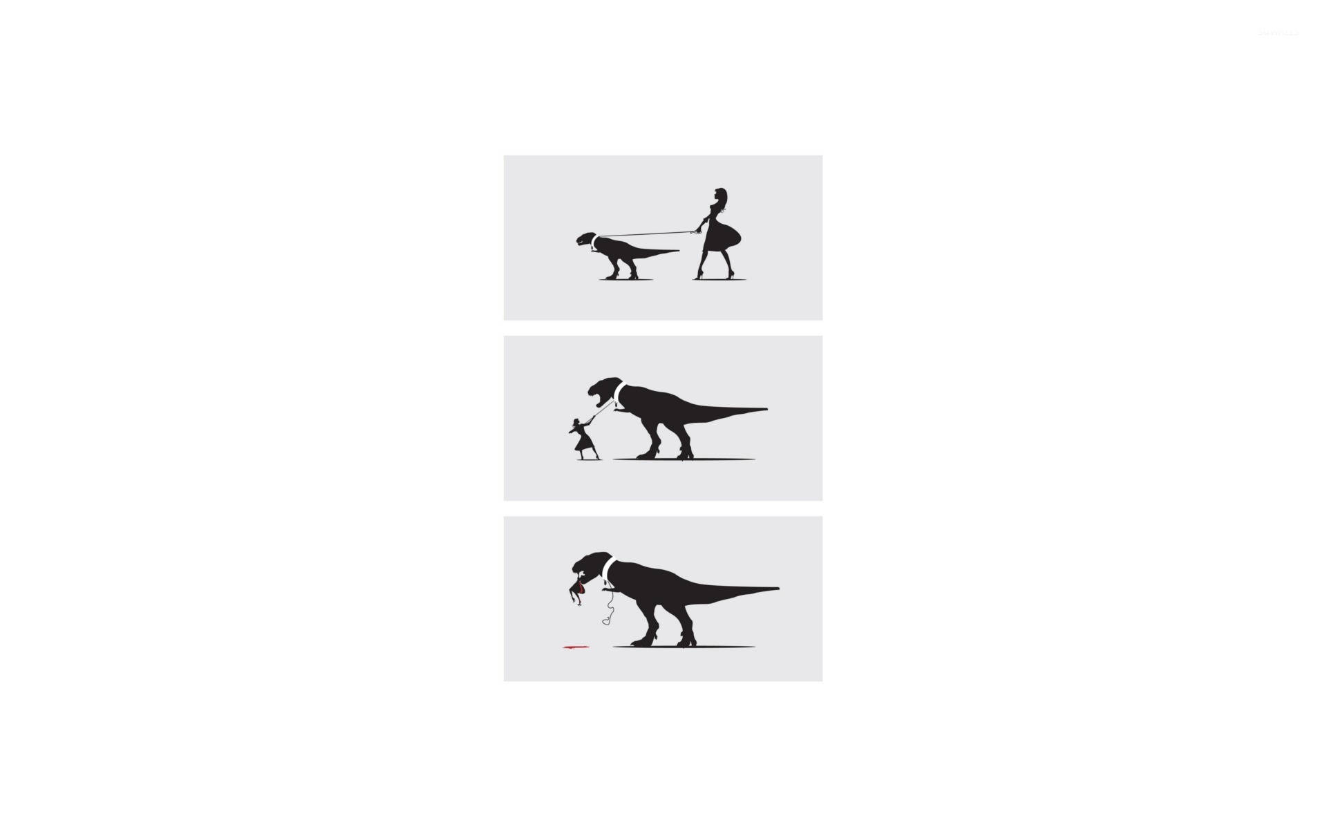 一個人用皮帶遛T-Rex，然後彎腰撿起掉落的物品，最後吃一個紅色物體。