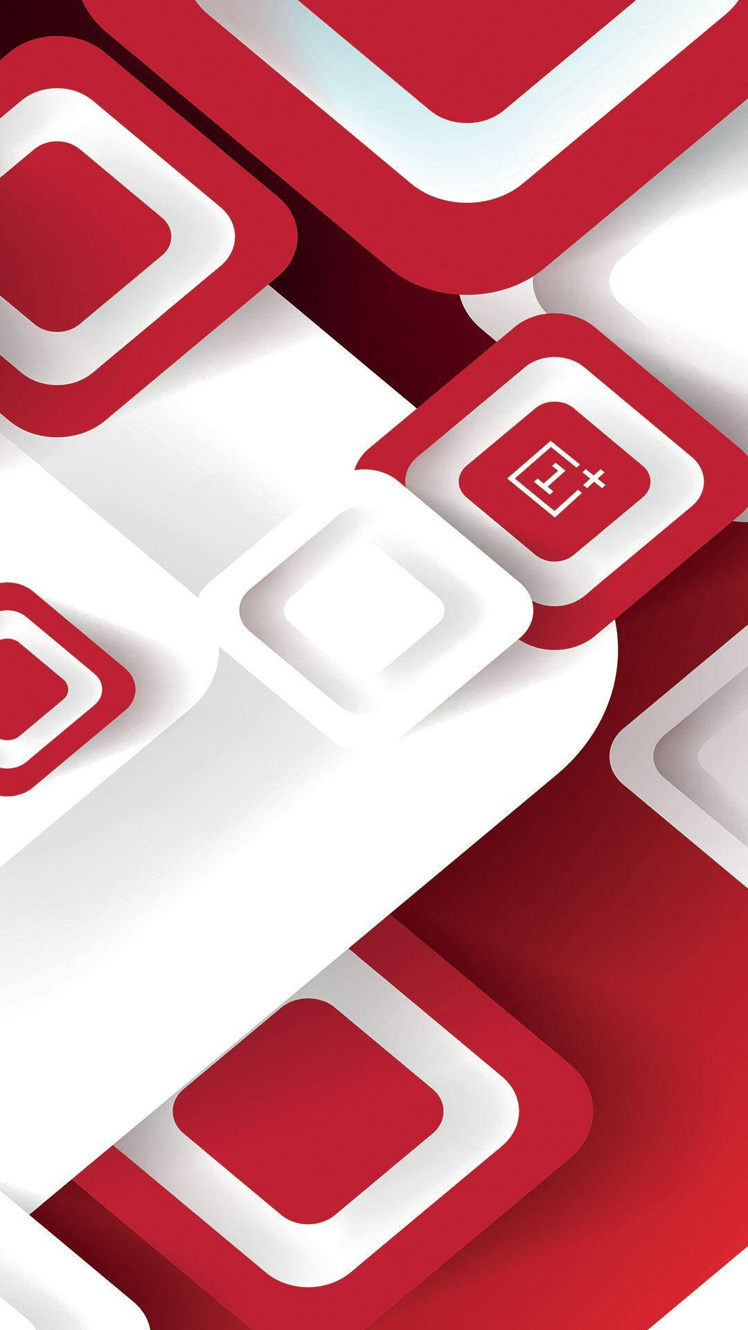 抽象數位藝術中帶有 OnePlus 標誌的紅色和白色幾何形狀。